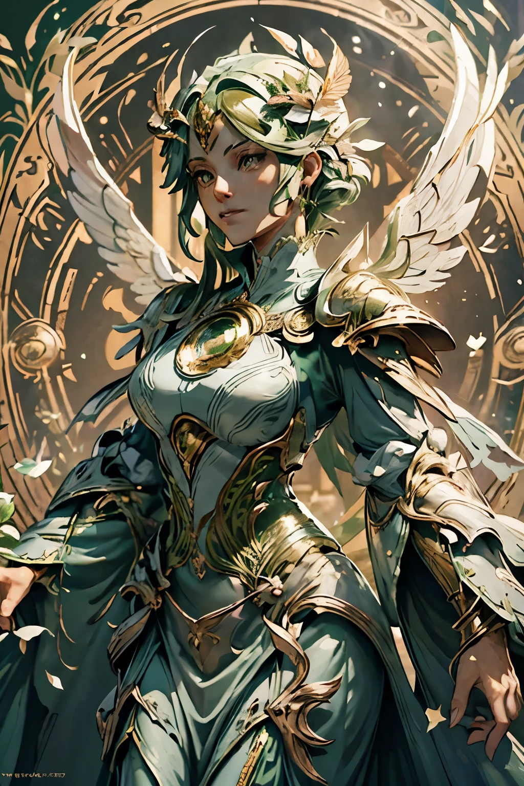 angel of health, detailed masterpiece, organic green armor, made with very big leaves, mint, rue, ambrosias, rosmery, holds and show in her left hand a long and mystical staff of natural wood, radiates a bright green light at the tip, background showing a great circular geometric diagram , More Detail, 4k, perfect face, front view
