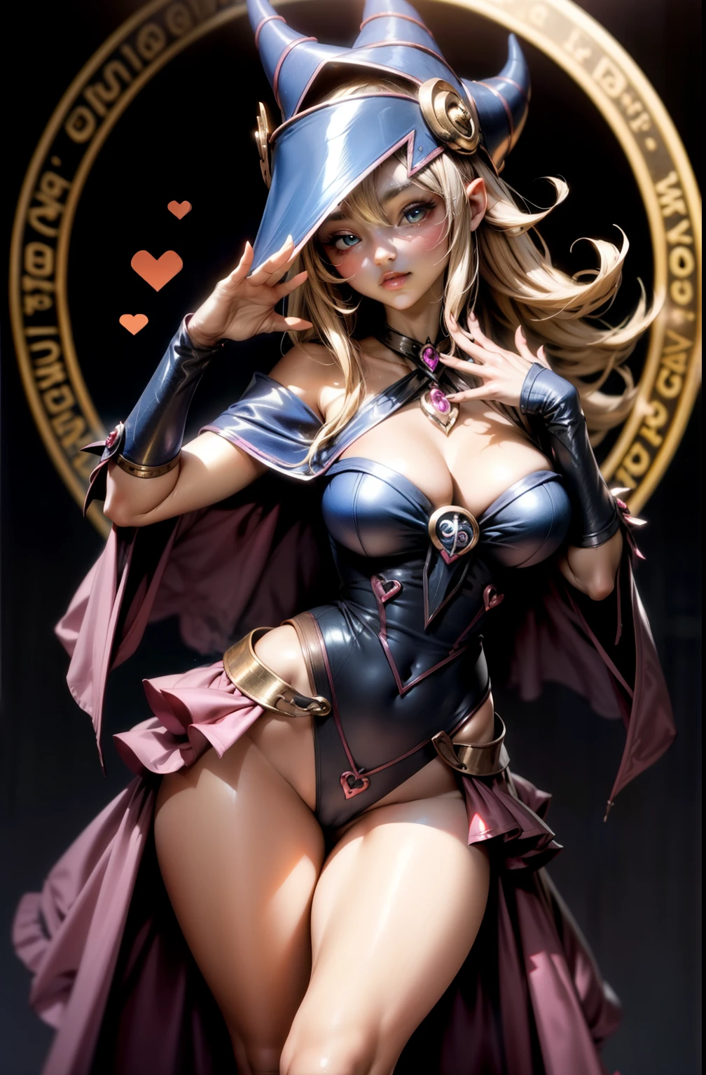 Mago Oscuro Gils. Levitando entre sus piernas, Pose Sujestiva, sexy y inocente. Background of hearts and magic in circles...... Wink an eye and blow a kiss. Hermosa y coqueta