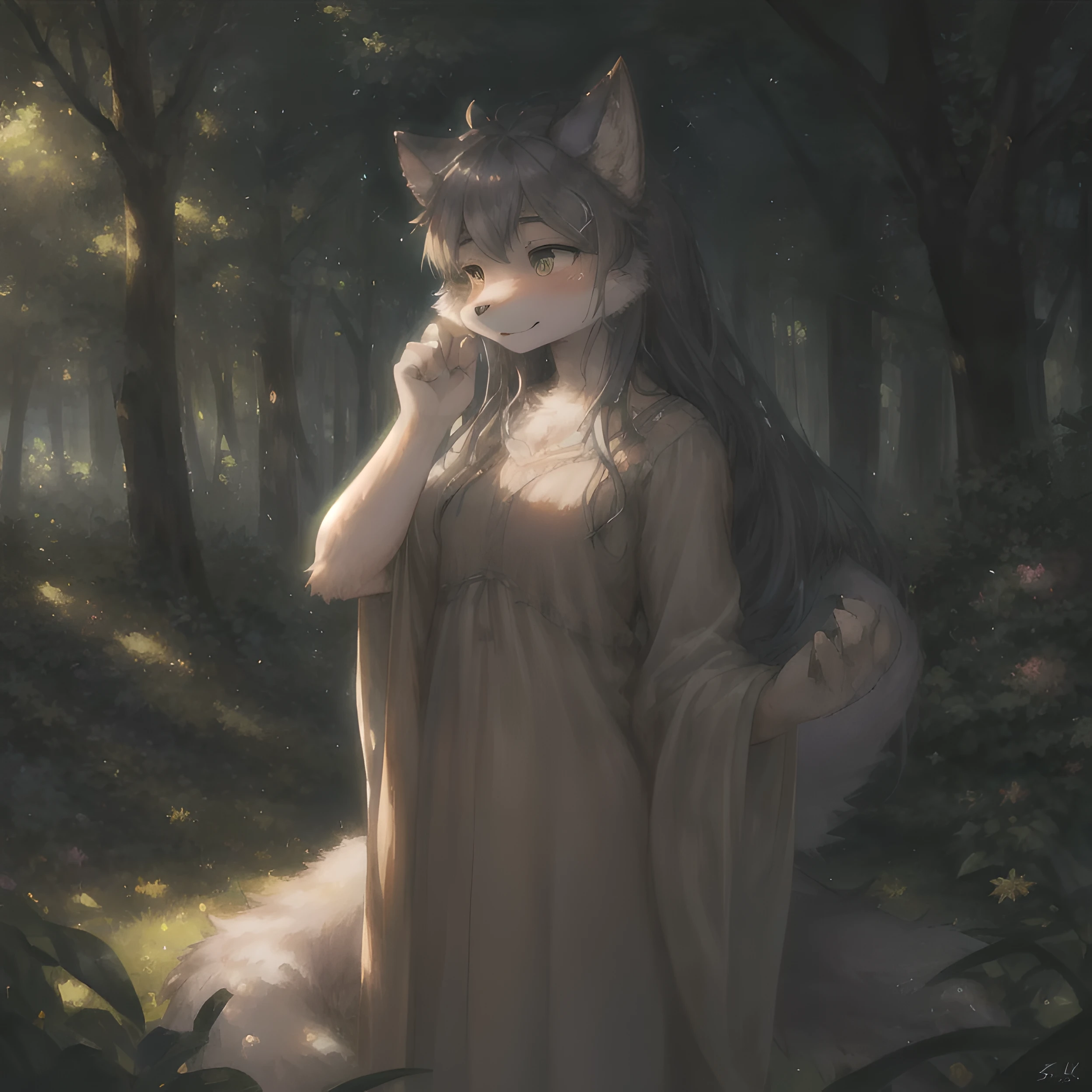 (best quality,4k,8k,highres,masterpiece:1.2),ultra-detailed,(realistic,photorealistic,photo-realistic:1.37),charming girl with wolf traits,playful expression,fluffy ears and tail,big expressive eyes,feminine physique,soft and smooth fur,natural beauty,wolf-like nose and mouth,long eyelashes,luscious lips,vibrant dress that complements the wolf theme,standing confidently in a forest clearing,bathed in warm sunlight,peaceful and serene atmosphere,green foliage and vibrant flowers surrounding her,soft breeze rustling through the trees,subtle play of light and shadow on her figure,strong emphasis on the wolf girl's anatomy,magical aura surrounding her,sparkles and ethereal glow emanating from her body,color palette with warm tones to enhance the magical ambiance.