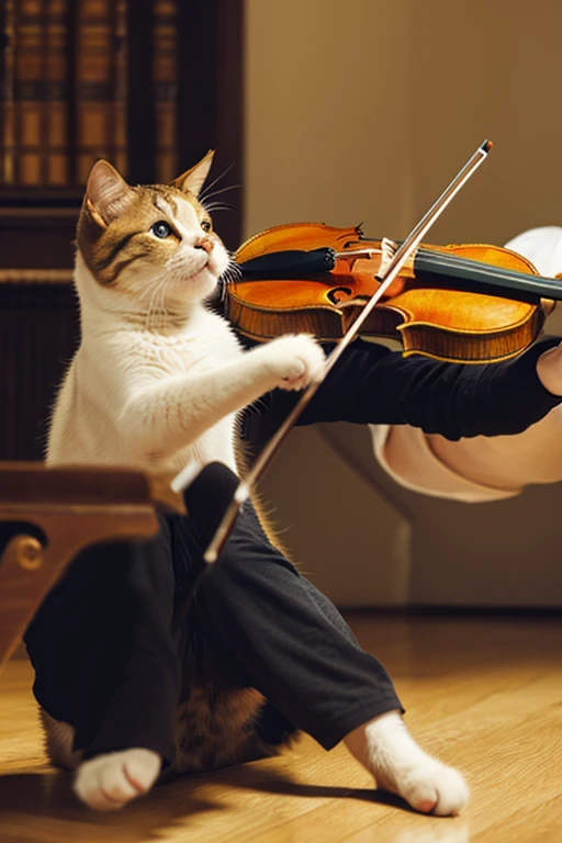 Create a realistic image of a cat playing the violin. I want it to move as if it&#39;s talking. Move the whole body in a natural way.