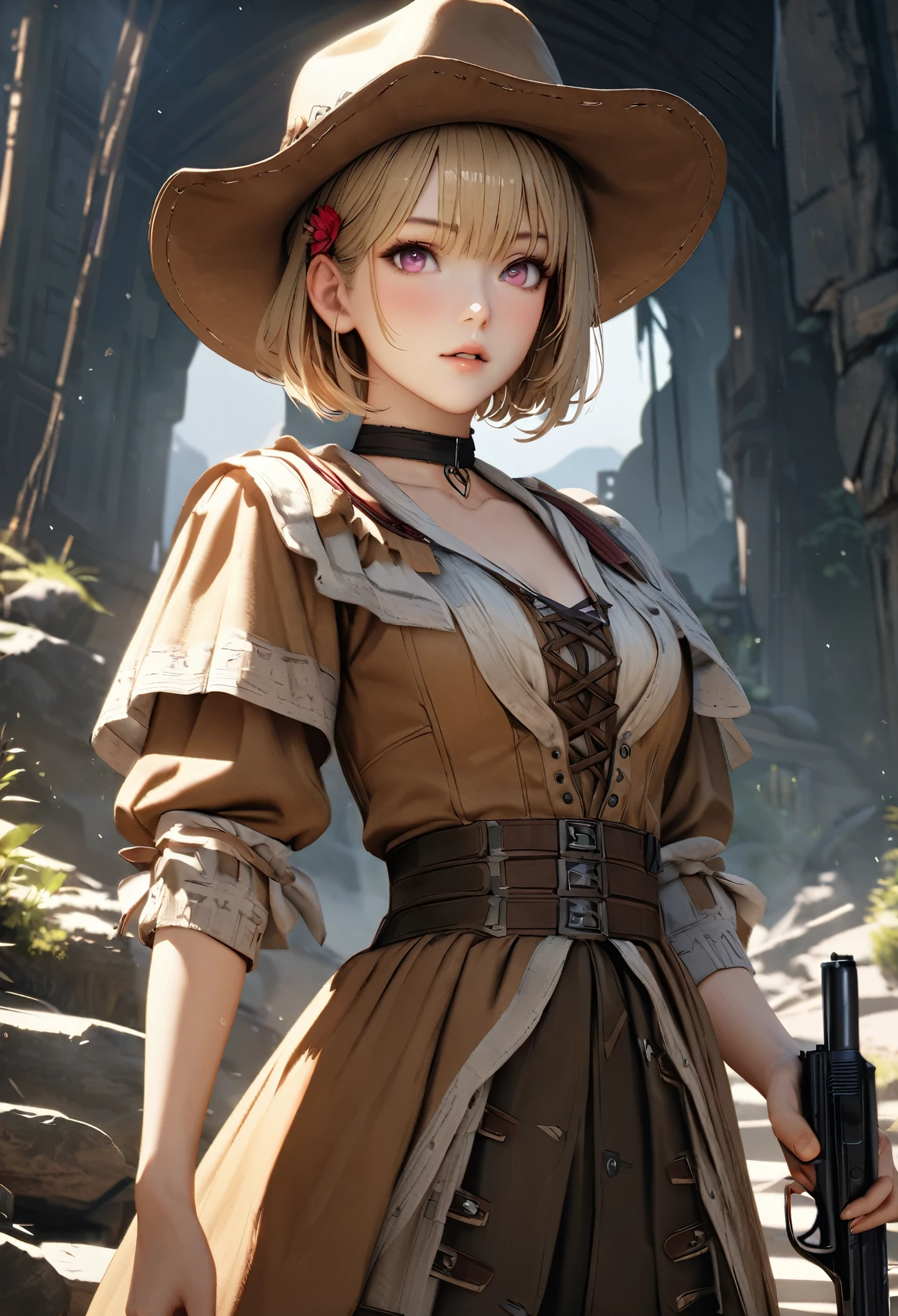 masterpiece,highest quality, Super detailed, High resolution, expensive resolution, HDR, 4k, 8K, unity 8k wallpaper, Super detailed CG, masterpiece, realistic, 2D, 3D, beautiful details, depth, fine texture , super fine: 1.3, Fully focused, Crispy.skin, .he,
Very cute anime girl 、Desolate wilderness、cowboy style costume、cowboy hat、cowboy boots、hand gun、mexican wilderness、duel、Standing with a hand gun、blonde short hair wearing expensive , one girl、alone, blonde short hair, cowboy style、cowboy hat、hand gun、duel、cowboy bootole under the eye, looking at the viewer , expensive , blush, mole, parted lips, hair ornaments, heart, pink eyes, choker