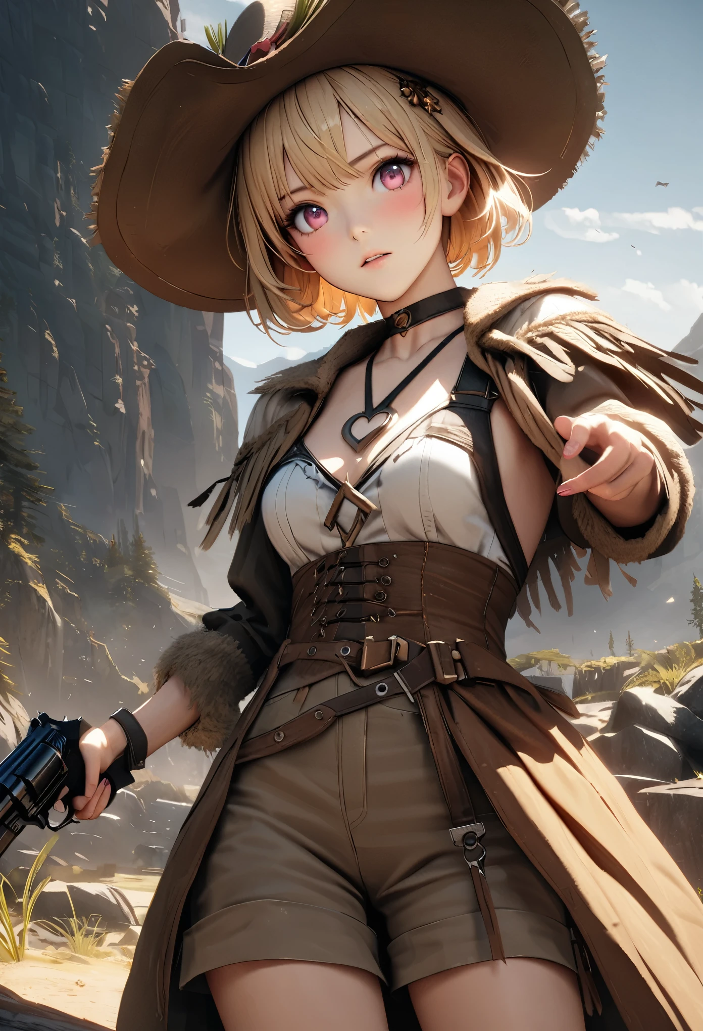masterpiece,highest quality, Super detailed, High resolution, expensive resolution, HDR, 4k, 8K, unity 8k wallpaper, Super detailed CG, masterpiece, realistic, 2D, 3D, beautiful details, depth, fine texture , super fine: 1.3, Fully focused, Crispy.skin, .he,
Very cute anime girl 、Desolate wilderness、cowboy style costume、cowboy hat、cowboy boots、hand gun、mexican wilderness、duel、Standing with a hand gun、blonde short hair wearing expensive , one girl、alone, blonde short hair, cowboy style、cowboy hat、hand gun、duel、cowboy bootole under the eye, looking at the viewer , expensive , blush, mole, parted lips, hair ornaments, heart, pink eyes, choker