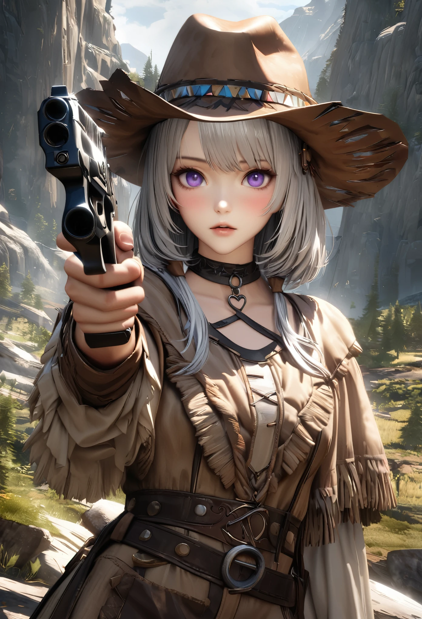 masterpiece,highest quality, Super detailed, High resolution, expensive resolution, HDR, 4k, 8K, unity 8k wallpaper, Super detailed CG, masterpiece, realistic, 2D, 3D, beautiful details, depth, fine texture , super fine: 1.3, Fully focused, Crispy.skin, .he, Very cute anime girl 、Desolate wilderness、cowboy style costume、cowboy hat、cowboy boots、hand gun、mexican wilderness、duel、Standing with a hand gun、long silver hair wearing expensive , one girl、alone, long silver hair, cowboy style、cowboy hat、hand gun、duel、cowboy bootole under the eye, looking at the viewer , expensive , blush, mole, parted lips, hair ornaments, heart, purple eyes, choker