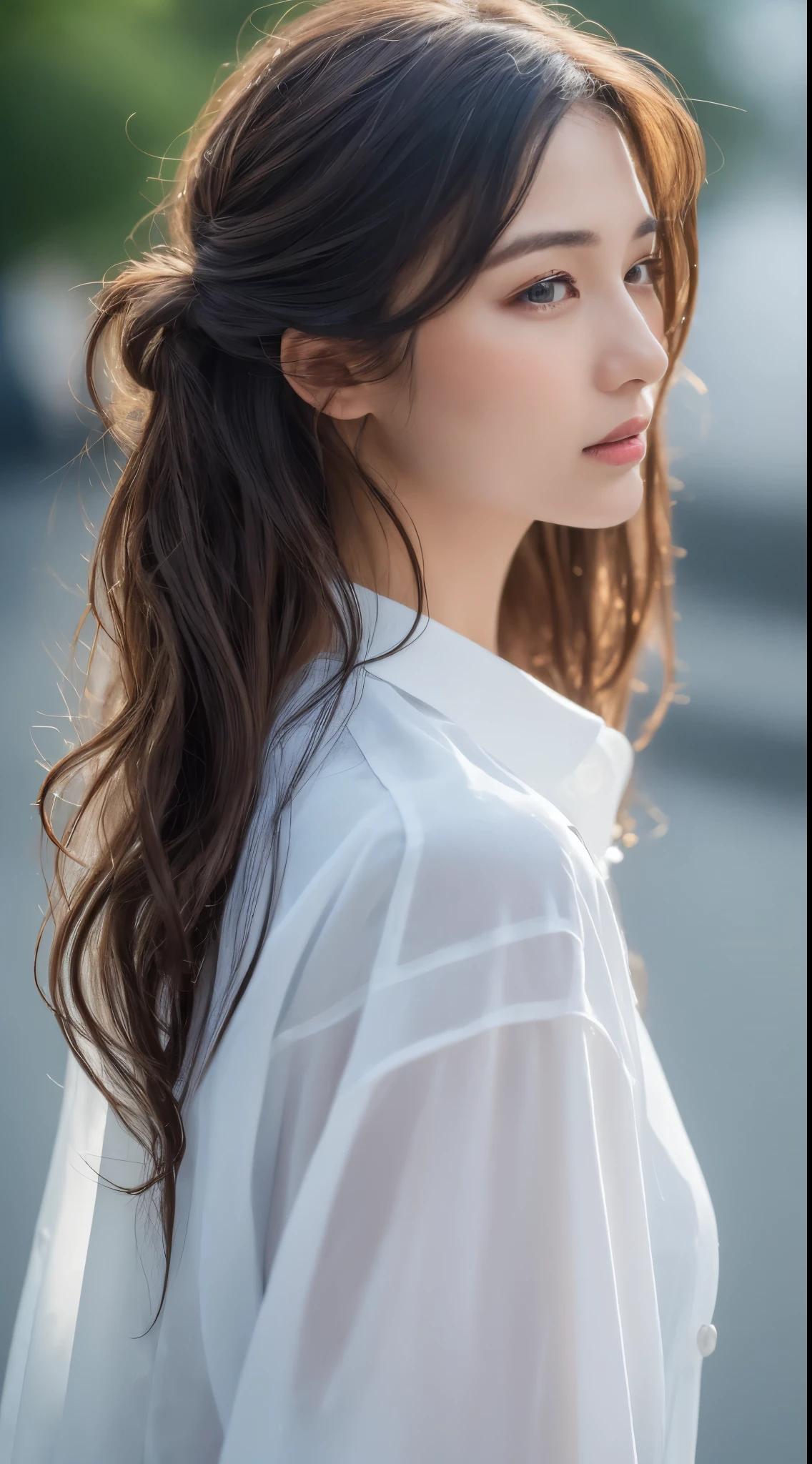 ((highest quality, 8K, masterpiece: 1.3)), sharp: 1.2, perfect body beauty: 1.4, slim abs: 1.2, ((layered hairstyles, big breasts: 1.2)), (Wet White Button Long Shirt: 1.1), (rain, street: 1.2), Wet: 1.5, Highly detailed face and skin texture, fine eyes, double eyelid, profile looking at camera