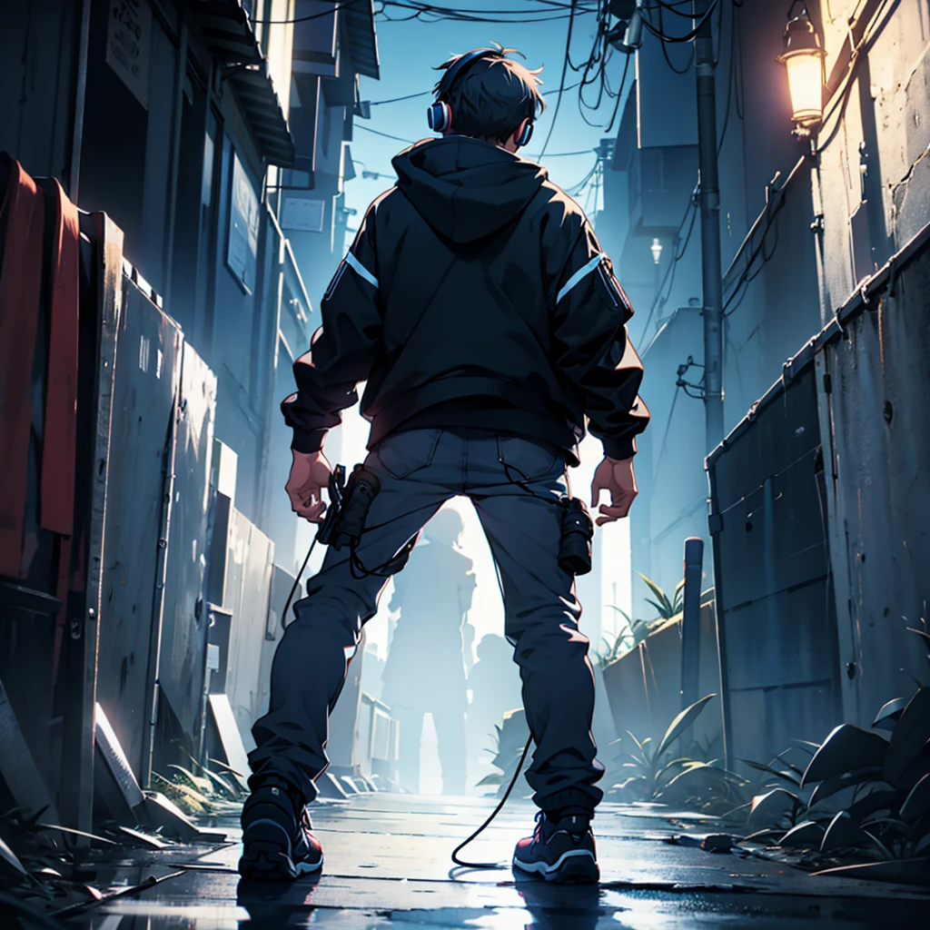 Boy from behind in the dark with music headphones