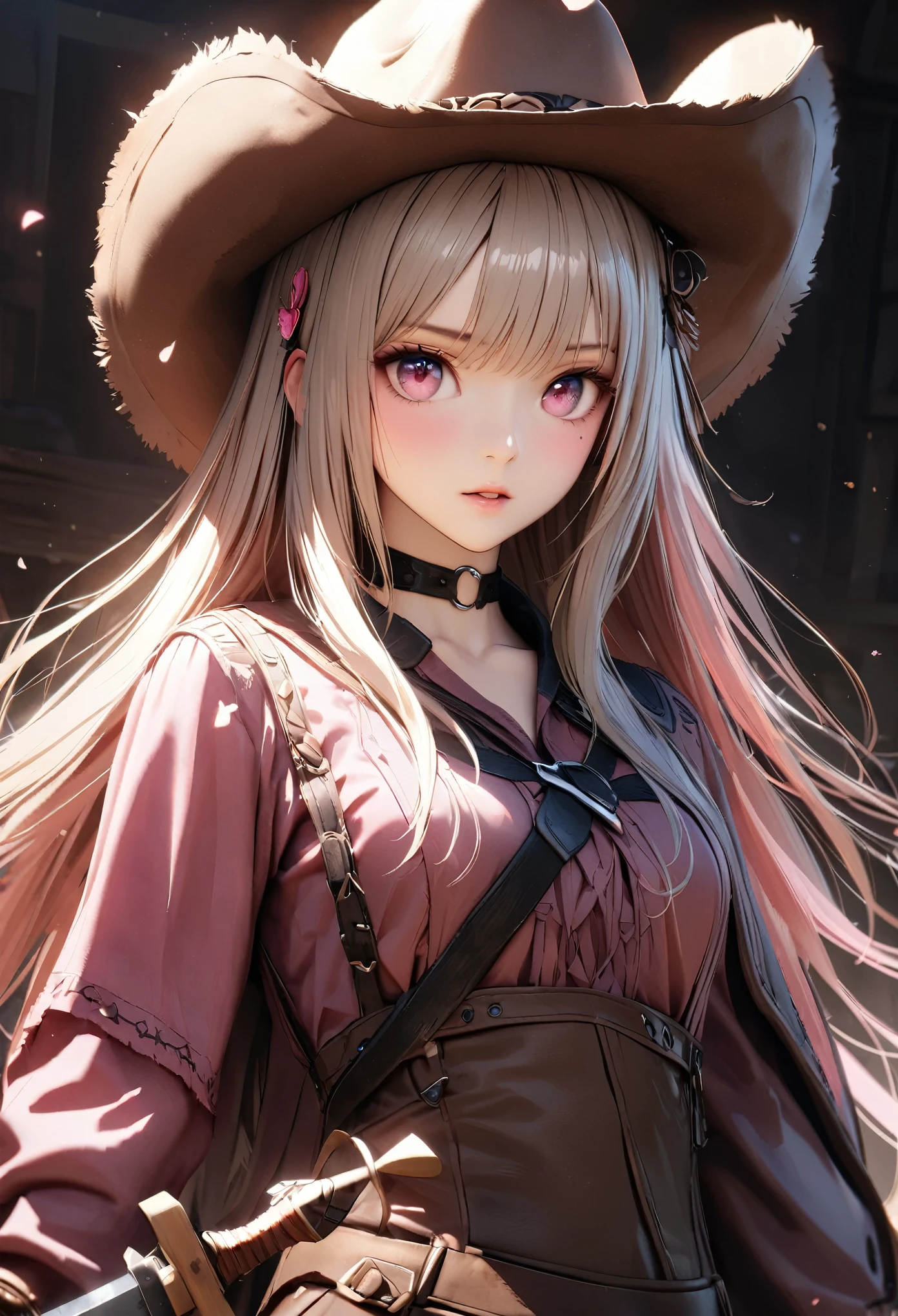 masterpiece,highest quality, Super detailed, High resolution, expensive resolution, HDR, 4k, 8K, unity 8k wallpaper, Super detailed CG, masterpiece, realistic, 2D, 3D, beautiful details, depth, fine texture , super fine: 1.3, Fully focused, Crispy.skin, .he, Very cute anime girl 、cowboy style costume、cowboy hat、cowboy boots technic wilderness、duel、long sword、Pink semi-long hair wearing expensive , one girl、alone, Pink semi-long hair, cowboy style、cowboy hat、long sword、duel、cowboy bootole under the eye, looking at the viewer , expensive , blush, mole, parted lips, hair ornaments, heart, pink eyes, choker