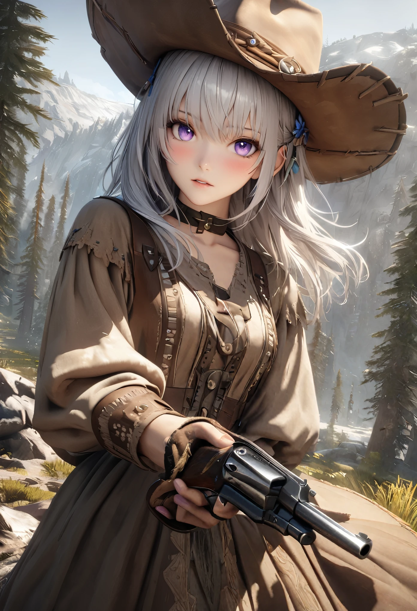 masterpiece,highest quality, Super detailed, High resolution, expensive resolution, HDR, 4k, 8K, unity 8k wallpaper, Super detailed CG, masterpiece, realistic, 2D, 3D, beautiful details, depth, fine texture , super fine: 1.3, Fully focused, Crispy.skin, .he, Very cute anime girl 、Desolate wilderness、cowboy style costume、cowboy hat、cowboy boots、hand gun、mexican wilderness、duel、Standing with a hand gun、long silver hair wearing expensive , one girl、alone, long silver hair, cowboy style、cowboy hat、hand gun、duel、cowboy bootole under the eye, looking at the viewer , expensive , blush, mole, parted lips, hair ornaments, heart, purple eyes, choker