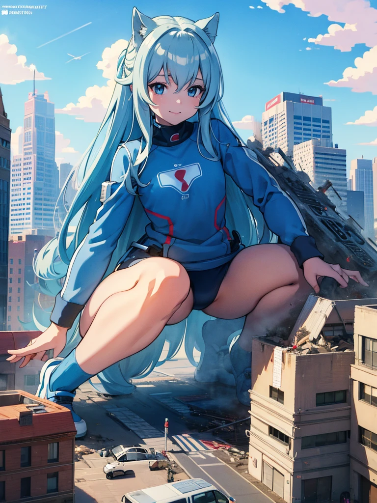 (masterpiece, super fine illustration, highest quality, ultla highres:1.2), Illustration with clear outline, ultra detailed, detailed background, (Blue sky, white clouds:1.0), summer, shiny hair, shining eyes, balanced eyes, (from above:0.0), (full-body shot:0.0), 
 (1girl), solo, mech girl , smile, cramped, (Athletic body:1.0), cityscape,  rampage, (destruction:1.0), gts, gtscity, building , people, car, small miniature car in mouth,