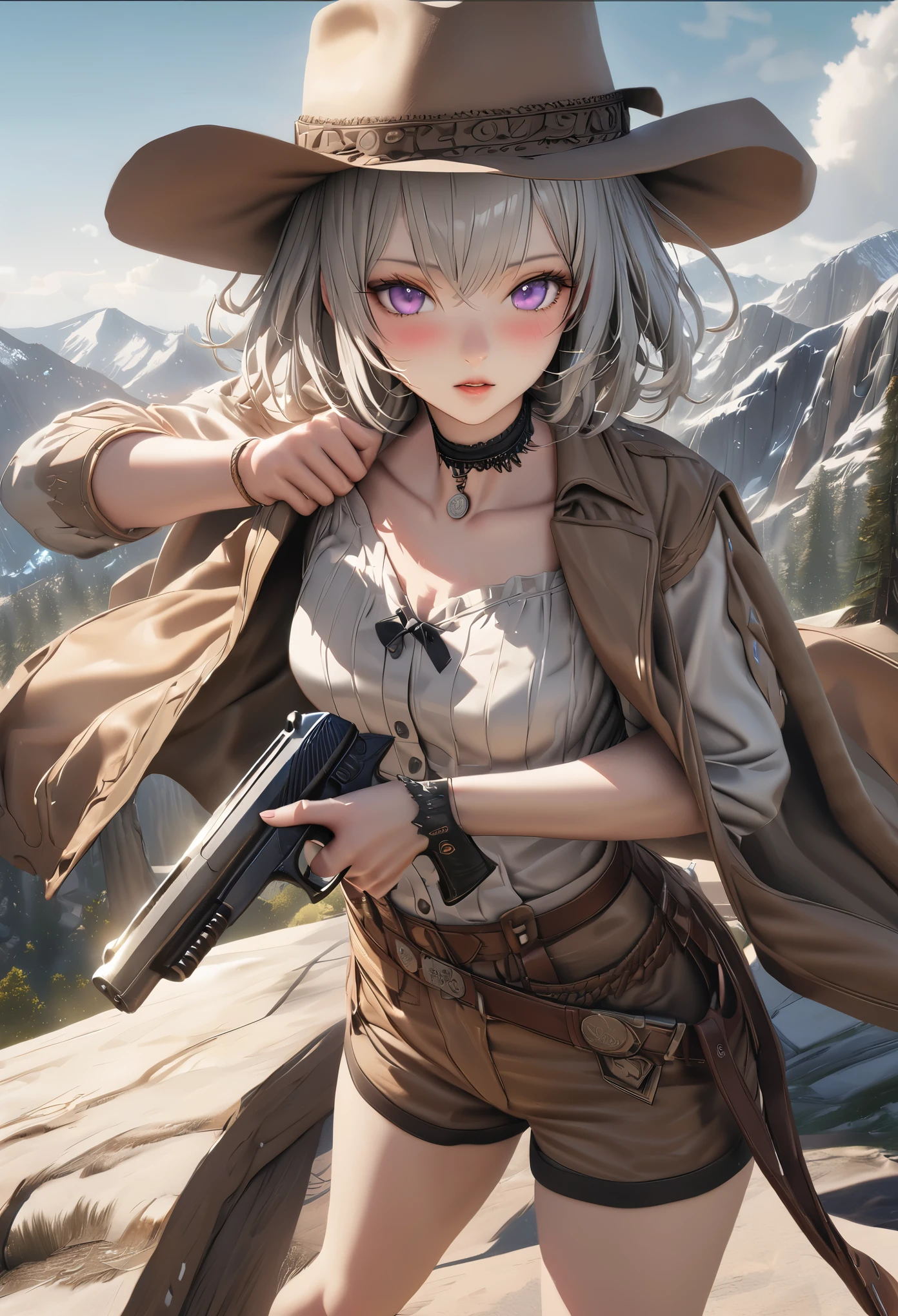 masterpiece,highest quality, Super detailed, High resolution, expensive resolution, HDR, 4k, 8K, unity 8k wallpaper, Super detailed CG, masterpiece, realistic, 2D, 3D, beautiful details, depth, fine texture , super fine: 1.3, Fully focused, Crispy.skin, .he,
Very cute anime girl 、Desolate wilderness、cowboy style costume、cowboy hat、cowboy boots、hand gun、mexican wilderness、duel、Standing with a hand gun、silver short hair wearing expensive , one girl、alone, silver short hair, cowboy style、cowboy hat、hand gun、duel、cowboy bootole under the eye, looking at the viewer , expensive , blush, mole, , parted lips, hair ornaments, heart, purple eyes, choker