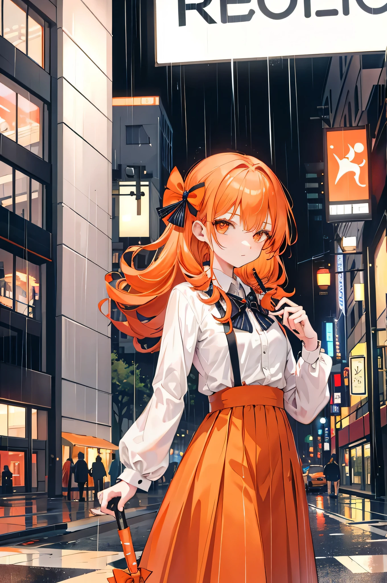 Girl holding an umbrella，yorigami jo'on, double drill hairs, orange hair, Bow knot，long skirt，rainy evening，Traffic，Buildings，neonlight