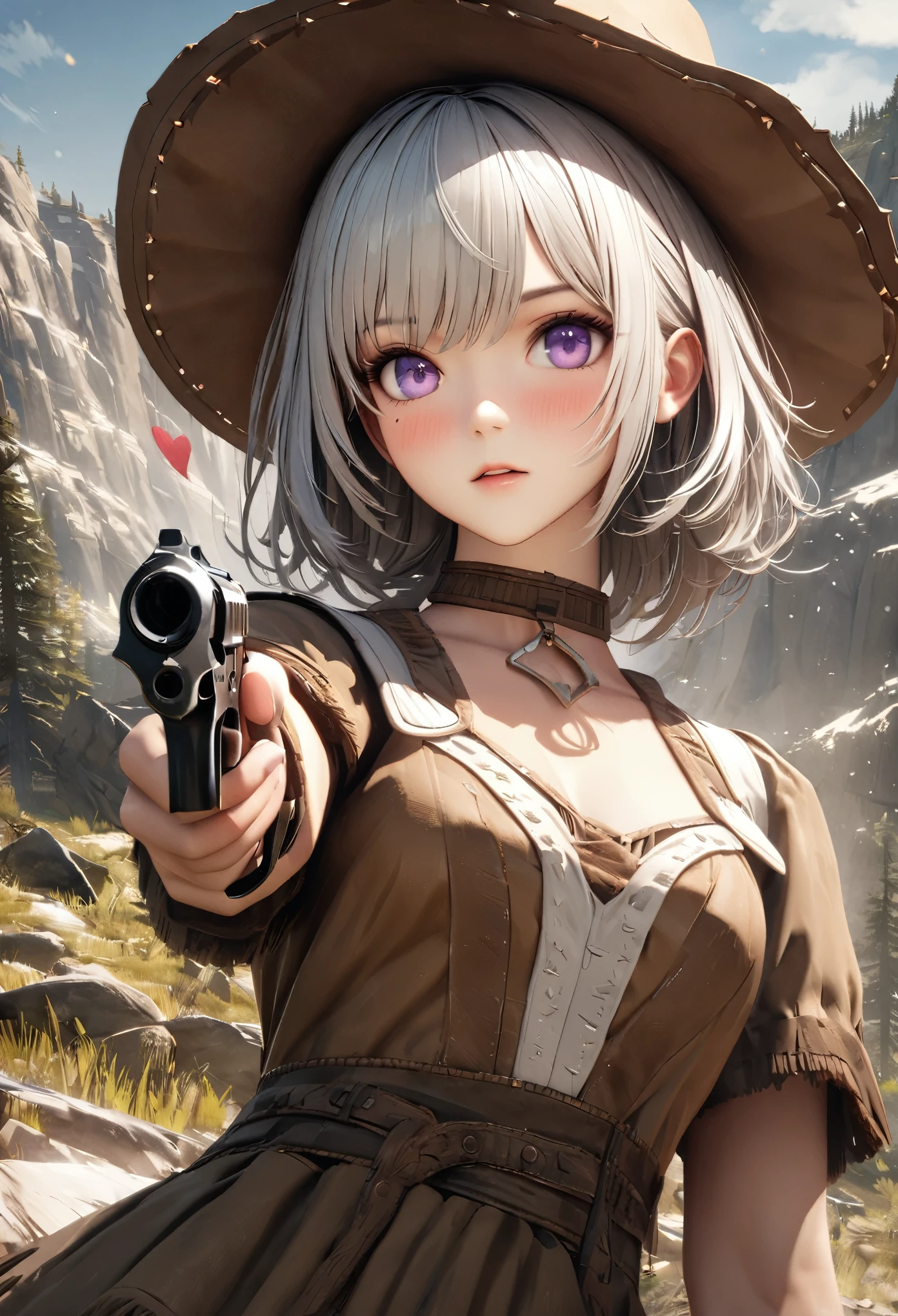 masterpiece,highest quality, Super detailed, High resolution, expensive resolution, HDR, 4k, 8K, unity 8k wallpaper, Super detailed CG, masterpiece, realistic, 2D, 3D, beautiful details, depth, fine texture , super fine: 1.3, Fully focused, Crispy.skin, .he,
Very cute anime girl 、Desolate wilderness、cowboy style costume、cowboy hat、cowboy boots、hand gun、mexican wilderness、duel、Standing with a hand gun、silver short hair wearing expensive , one girl、alone, silver short hair, cowboy style、cowboy hat、hand gun、duel、cowboy bootole under the eye, looking at the viewer , expensive , blush, mole, , parted lips, hair ornaments, heart, purple eyes, choker