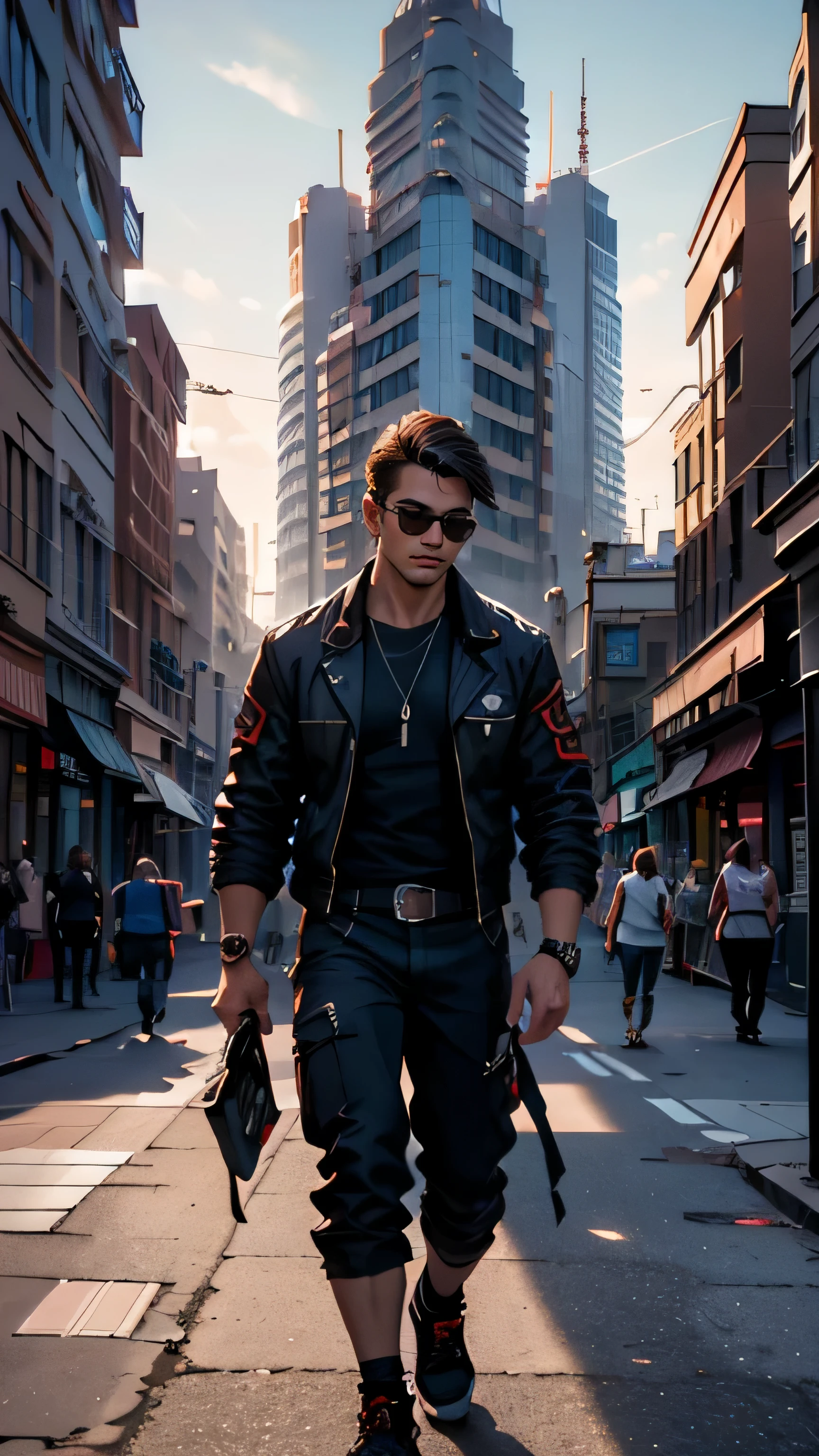 (high-quality digital art,detail-oriented),man,20,military-style hair,casually dressed,red sneakers,walking in the beach,urban landscape,graffiti,city lights,vibrant colors,realistic shadows,3D rendering,street art vibes,skyscrapers,nighttime atmosphere,expressive facial features,confident posture,city skyline in the background,cool and modern aesthetic,impressive attention to detail,colored lighting effects,sidewalks and street signs,reflection of the city in sunglasses,central perspective,urban hustle and bustle,attention-grabbing mural,gritty textures,impressive use of color contrast,varied architecture styles,contemporary fashion sense,stylish accessory accents,city sounds in the backdrop,dynamic composition,energetic and lively scene,visual depth and dimension,seamless blending of traditional and modern elements,impressive digital brushwork,photorealistic portrayal of surroundings,perfectly captured mood and ambiance,attention to atmospheric effects,realistic portrayal of light sources,masterful use of shading and highlights,compelling narrative implied by the scene,endless details to explore and appreciate