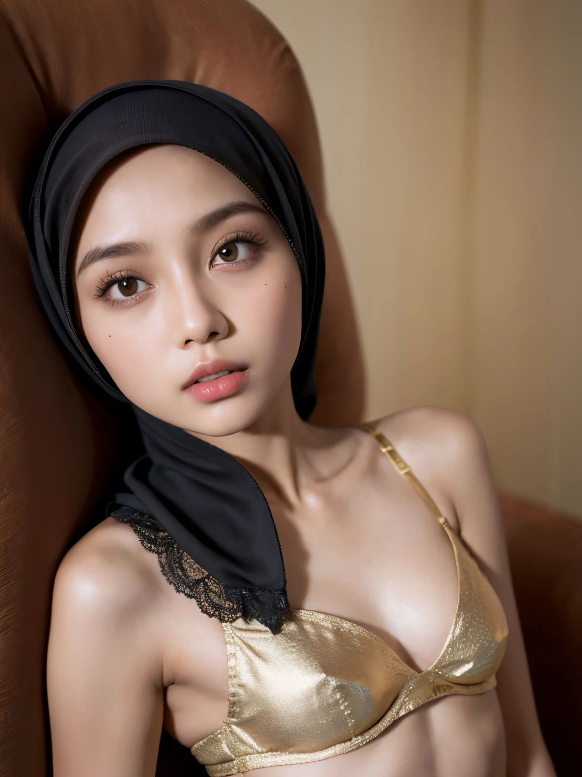 Very Thin body (Wearing Bra Lingerie), (((HIJAB MALAY GIRL))), masutepiece, High quality, UHD 32K, Realistic face, Realistic skin feeling , A Malay Lady, 8 , , Very cute and baby-like face, (((FLAT CHEST))), (MATRIX WORLD), ((look In front  at the camera and SADNESS)), ((())), (((CUTE GIRL))), ((BROWN LIPS)), ((BROWN)), (undress). WEAR BRA LINGERIE, gold, green, red, lace