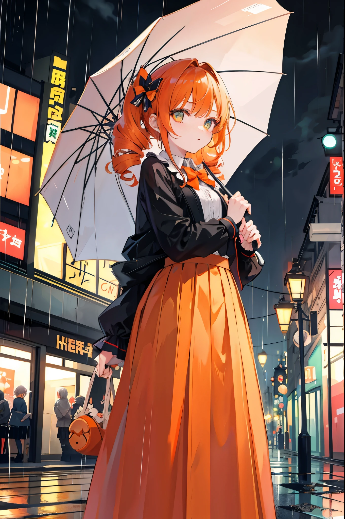Girl holding an umbrella，yorigami jo'on, double drill hairs, orange hair, Bow knot，long skirt，rainy evening，Traffic，Buildings，neonlight