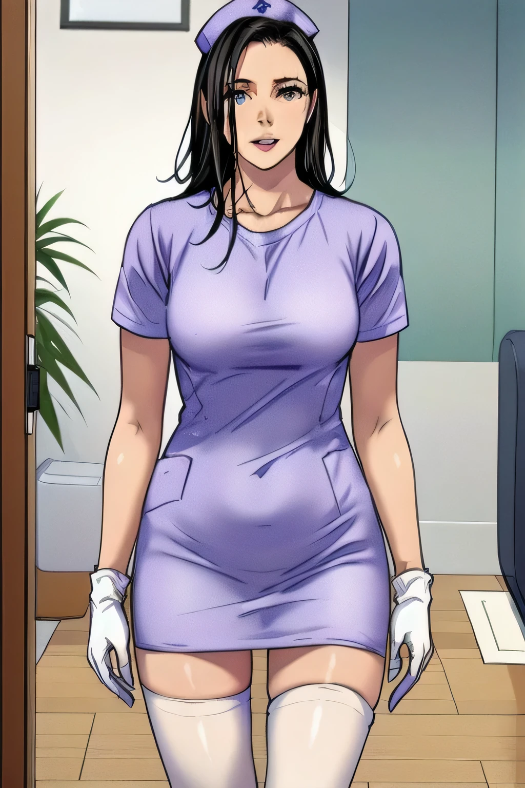 1woman, solo, nurse, nurse cap, white wear, ((white legwear, zettai ryouiki)), white gloves, long hair, purple hair, red eyes, pink lips, smile, standing, ((hospital room)), sharp outline, short sleeves, mature female, 35 years old, best quality, masterpiece