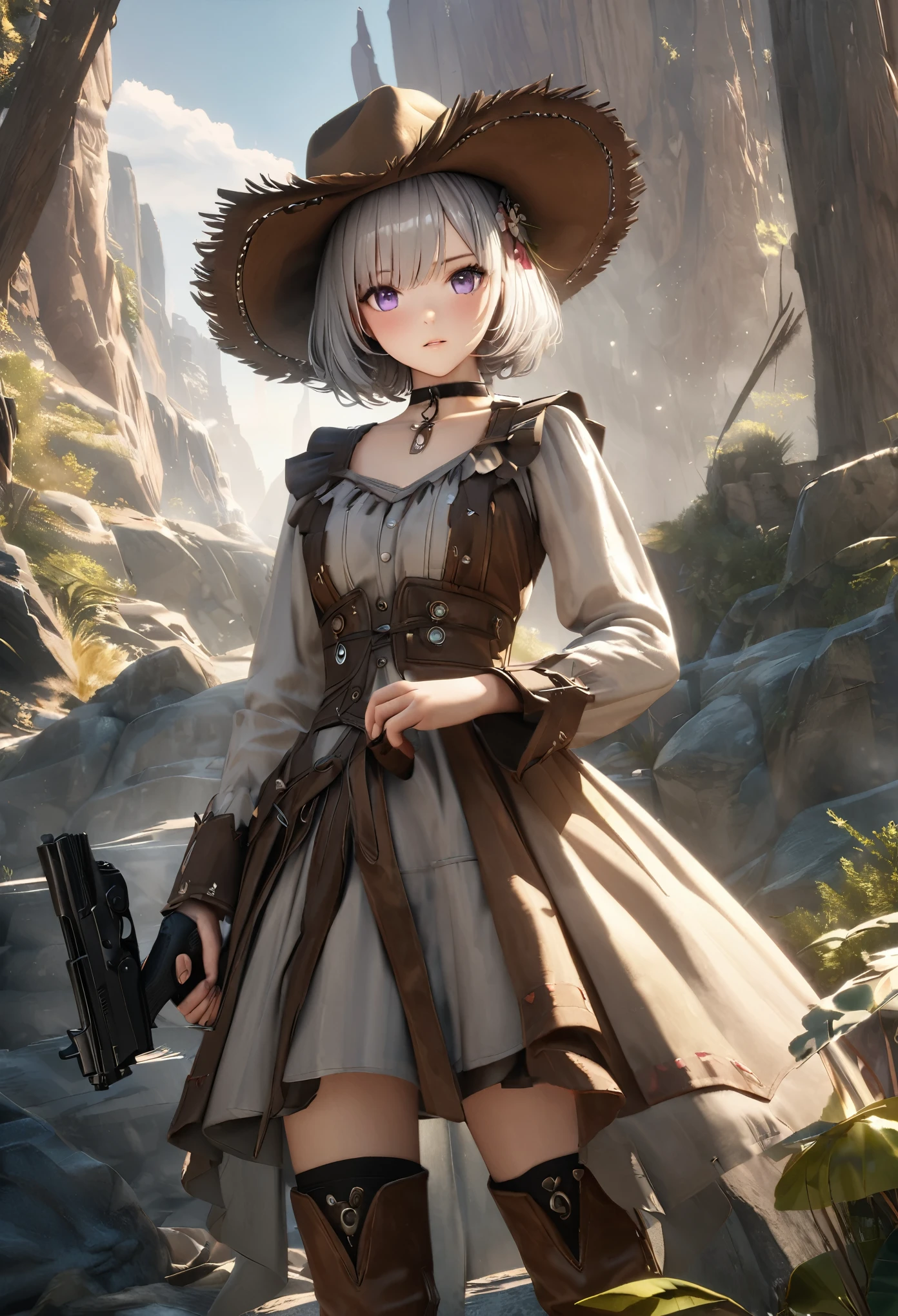 masterpiece,highest quality, Super detailed, High resolution, expensive resolution, HDR, 4k, 8K, unity 8k wallpaper, Super detailed CG, masterpiece, realistic, 2D, 3D, beautiful details, depth, fine texture , super fine: 1.3, Fully focused, Crispy.skin, .he,
Very cute anime girl 、Desolate wilderness、cowboy style costume、cowboy hat、cowboy boots、hand gun、mexican wilderness、duel、Standing with a hand gun、silver short hair wearing expensive , one girl、alone, silver short hair, cowboy style、cowboy hat、hand gun、duel、cowboy bootole under the eye, looking at the viewer , expensive , blush, mole, , parted lips, hair ornaments, heart, purple eyes, choker