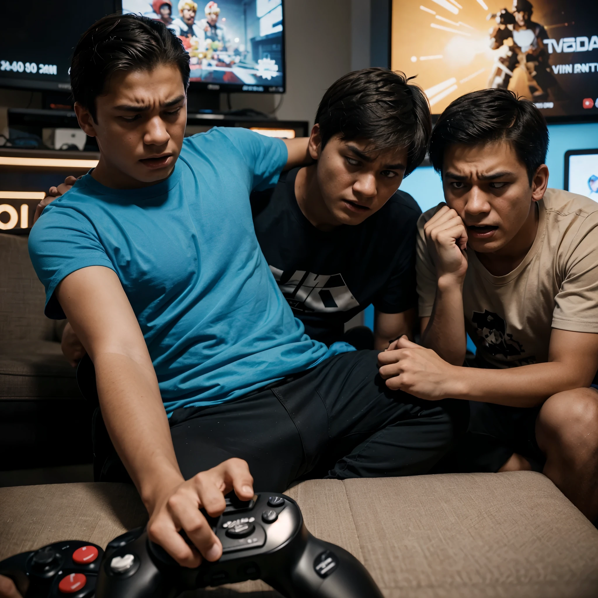 Angry teenager playing video games and his dad scolding him 