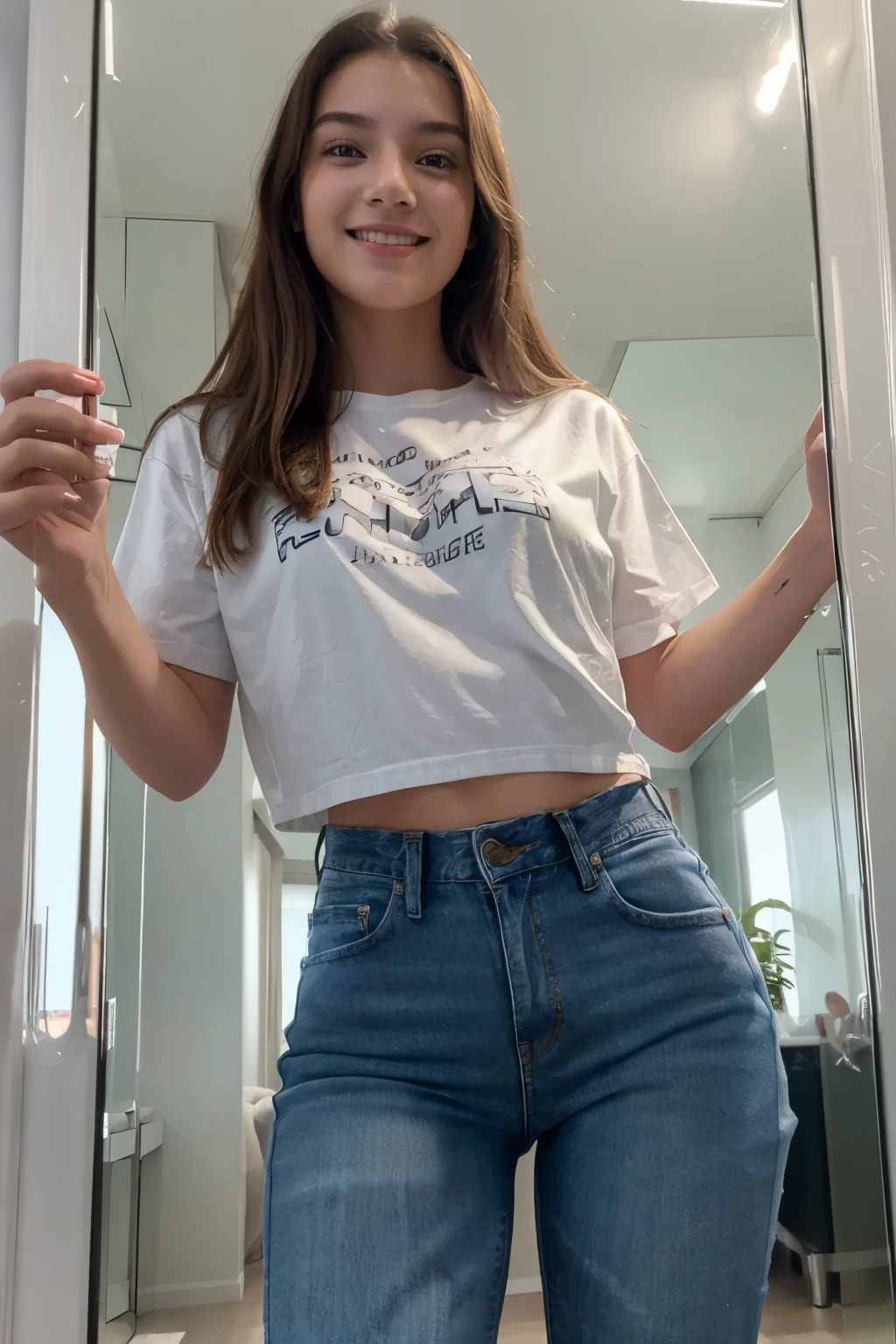 (Best quality, high resolution, ultra-detailed: 1.5), Mirror Selfie, Teenager, Young adult, (Isolated: 1.2), Close-up shot, Reflection, (Clear complexion: 1.2), Smiling face, (Rosy cheeks: 0.8), (Mirrored image: 1.1), Casual outfit, (T-shirt and jeans: 1.3), Bright lighting, Bright and clear, Self-confident expression, (Pure and natural: 1), (Glowing skin: 0.9), (Modern and trendy: 1), (Capture the moment: 1), (