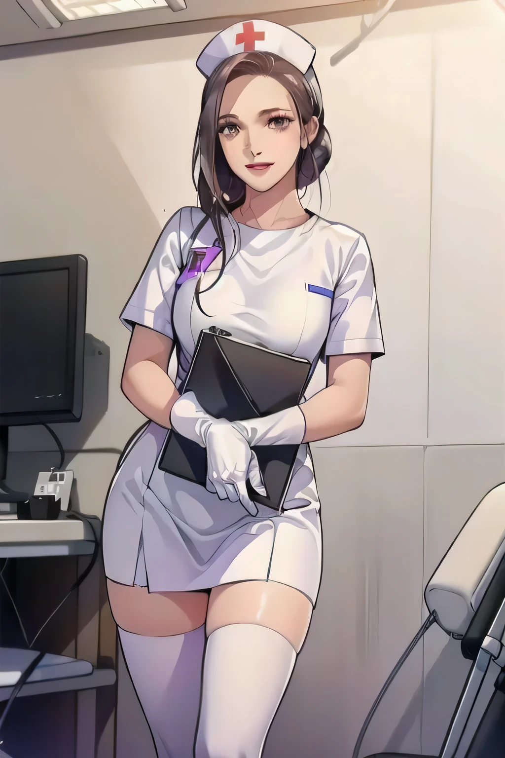 1woman, solo, nurse, nurse cap, white wear, ((white legwear, zettai ryouiki)), white gloves, long hair, purple hair, red eyes, pink lips, smile, standing, ((hospital room)), sharp outline, short sleeves, mature female, 35 years old, best quality, masterpiece