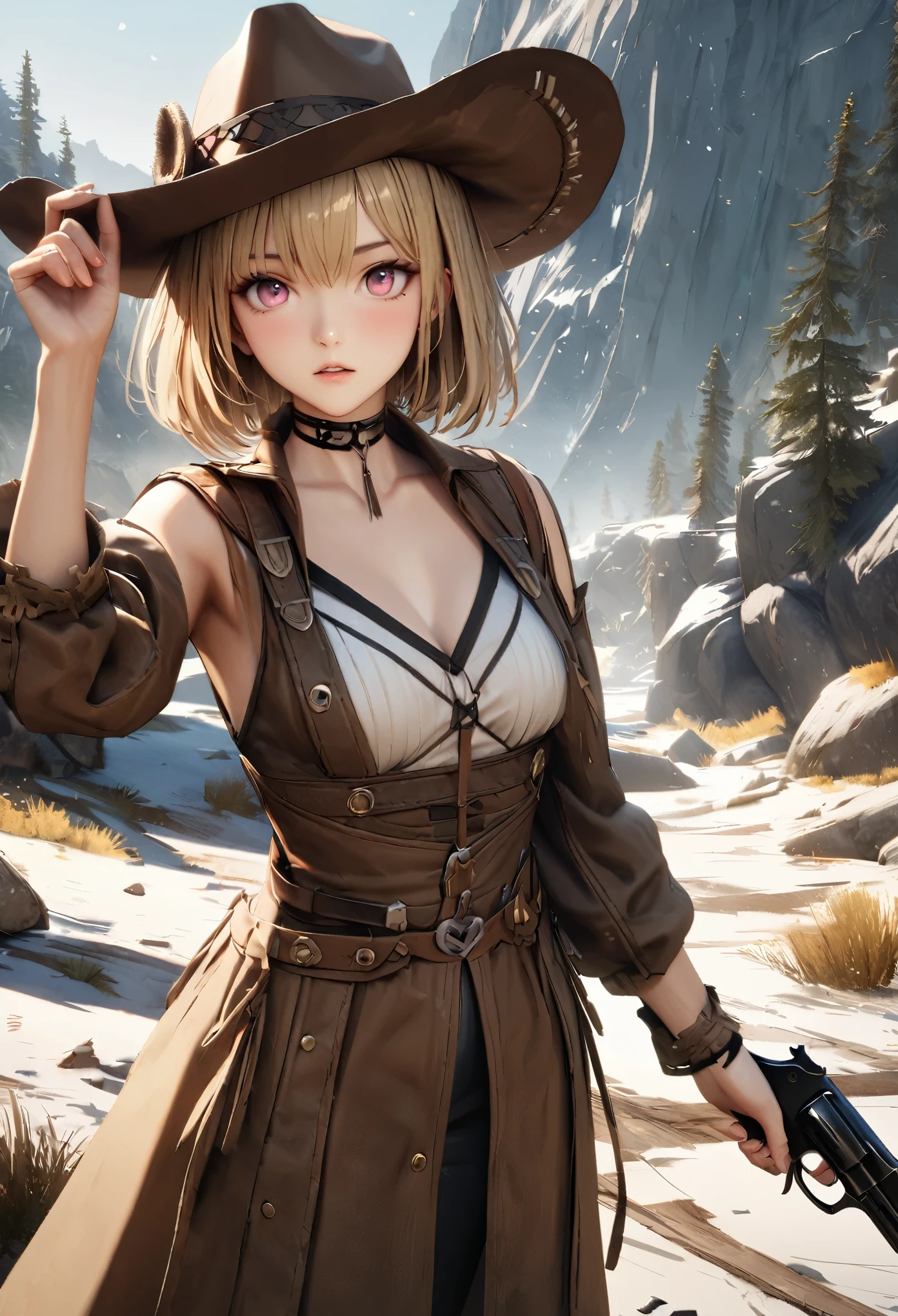 masterpiece,highest quality, Super detailed, High resolution, expensive resolution, HDR, 4k, 8K, unity 8k wallpaper, Super detailed CG, masterpiece, realistic, 2D, 3D, beautiful details, depth, fine texture , super fine: 1.3, Fully focused, Crispy.skin, .he,
Very cute anime girl 、Desolate wilderness、cowboy style costume、cowboy hat、cowboy boots、hand gun、mexican wilderness、duel、Standing with a hand gun、blonde short hair wearing expensive , one girl、alone, blonde short hair, cowboy style、cowboy hat、hand gun、duel、cowboy bootole under the eye, looking at the viewer , expensive , blush, mole, parted lips, hair ornaments, heart, pink eyes, choker