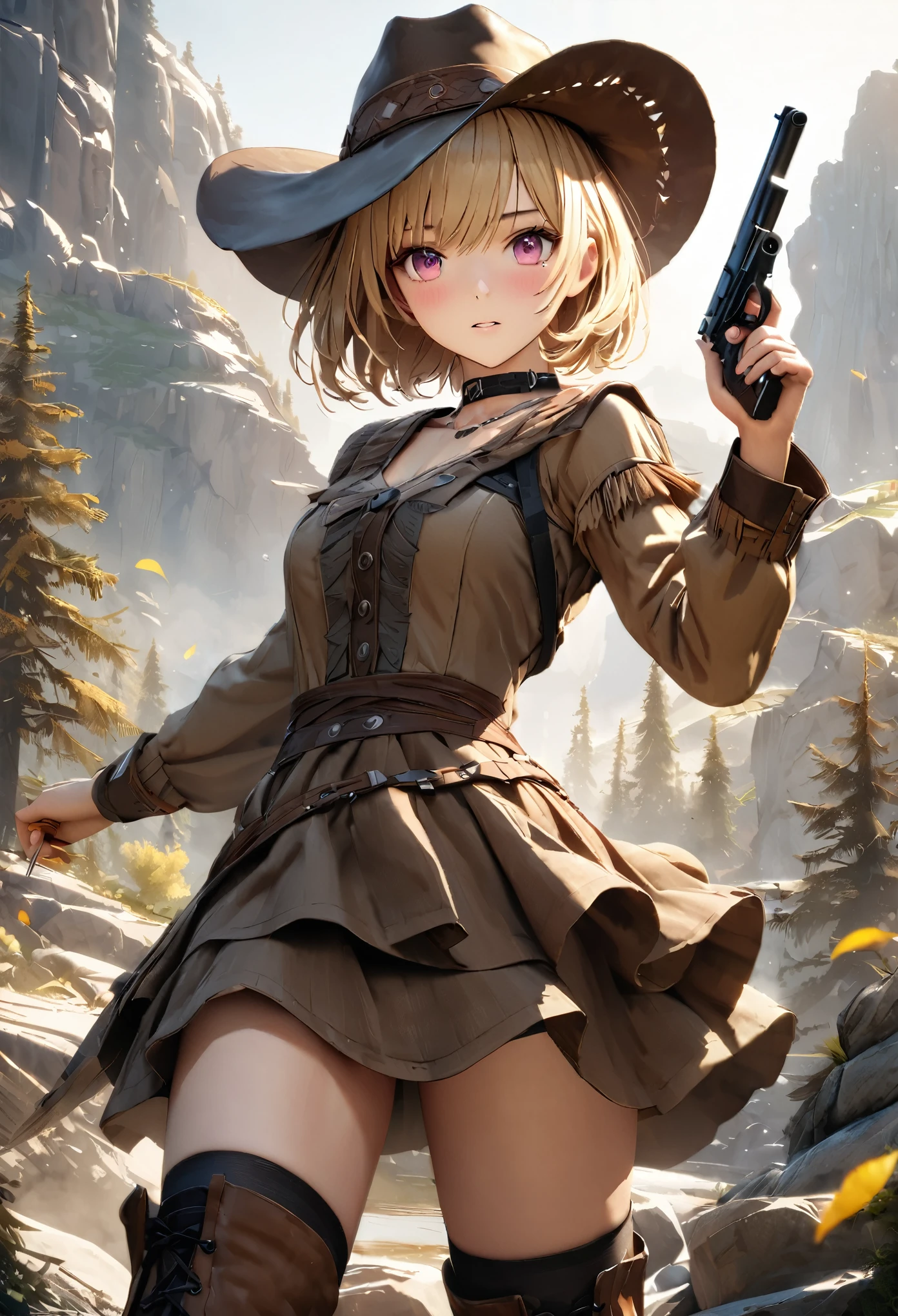 masterpiece,highest quality, Super detailed, High resolution, expensive resolution, HDR, 4k, 8K, unity 8k wallpaper, Super detailed CG, masterpiece, photo-realistic, 2D, 3D, beautiful details, depth, fine texture , super fine: 1.3, Fully focused, Crispy.skin, .he,
Very cute anime girl with 、Desolate wilderness、cowboy styleの衣装、cowboy hat、cowboy boots、handgun、Mexican Wilderness、duel、handgunを持って立っている、blonde short hair wearing expensive , one girl、alone, blonde short hair, animal ears, bear ears, cowboy style、cowboy hat、handgun、duel、cowboy boots、computer、disk、mole under the eye, looking at the viewer , expensive , blush, mole, bear ears, parted lips, hair ornaments, heart, pink eyes, choker