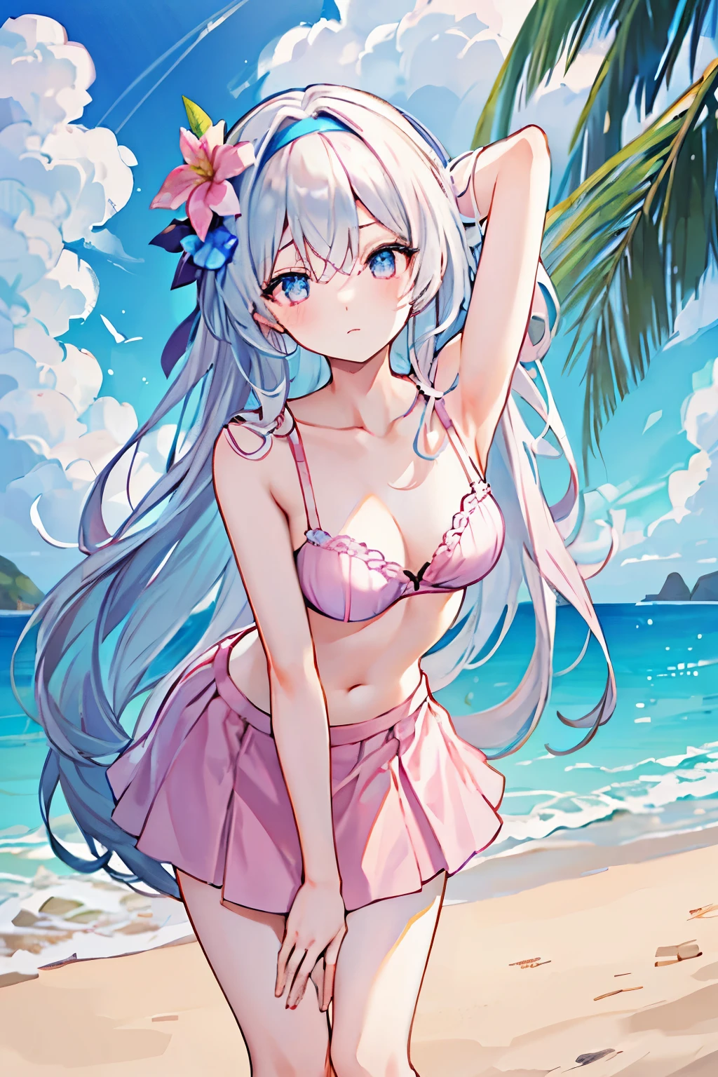 (masterpiece), best quality, expressive eyes, perfect face, light blue hair, very long hair, pink mini skirt, small ,  thighs, straight hair, small pink bra, flexible , shy, stretching body, cute, standing, bent over, beach, skinny, headband, white flower, firefly