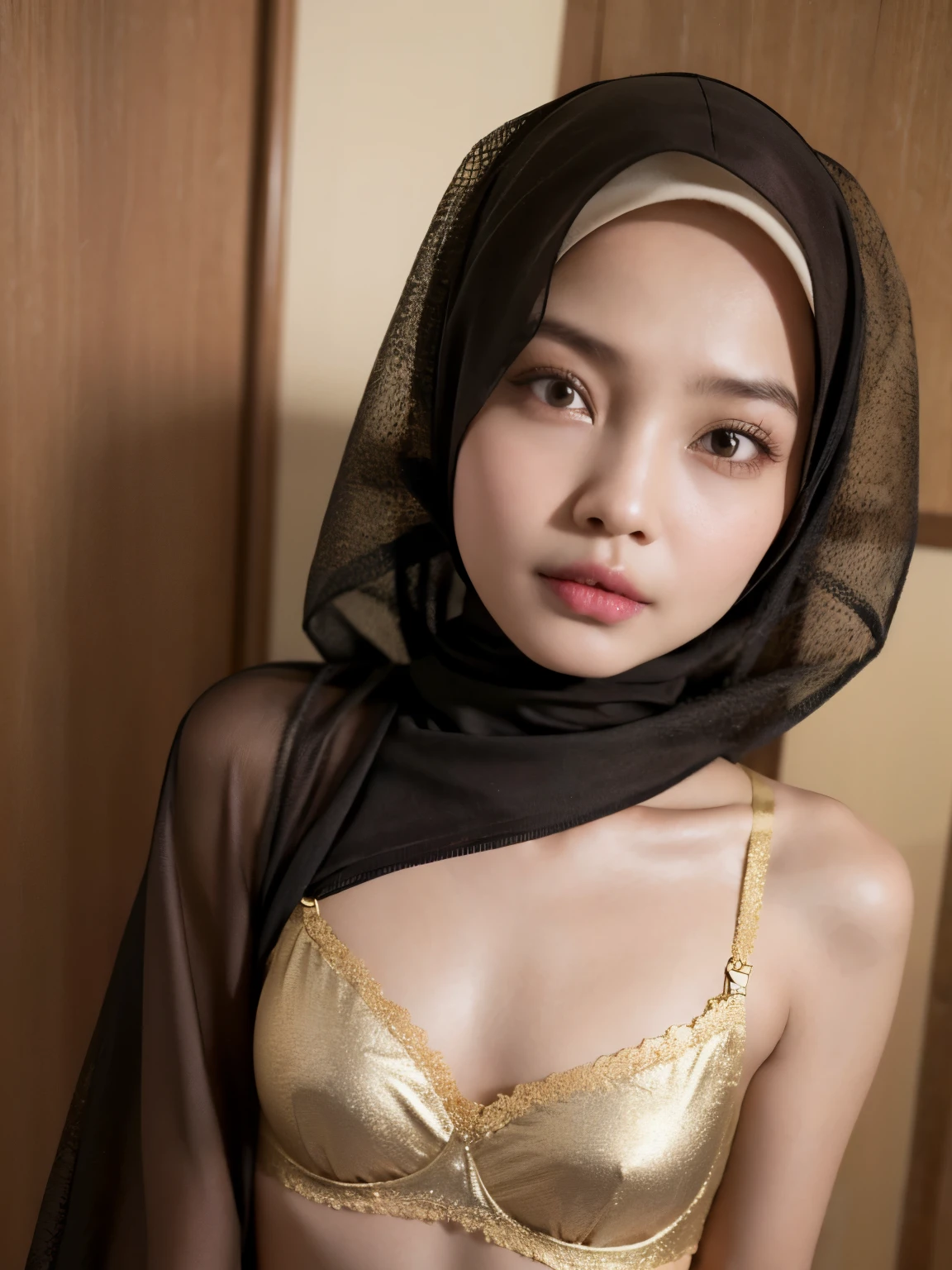 Very Thin body (Wearing Bra Lingerie), (((HIJAB MALAY GIRL))), masutepiece, High quality, UHD 32K, Realistic face, Realistic skin feeling , A Malay Lady, 8 years old, , Very cute and baby-like face, (((FLAT CHEST))), (MATRIX WORLD), ((look In front  at the camera and SADNESS)), ((())), (((CUTE GIRL))), ((BROWN LIPS)), ((BROWN)), (undress). WEAR BRA LINGERIE, gold, green, red, lace