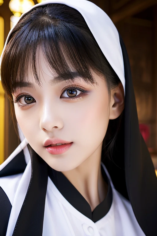 sexy nun,busty,beautiful detailed eyes,beautiful detailed lips,extremely detailed eyes and face,longeyelashes,nunnery,church,portraits,photorealistic,vivid colors,soft lighting