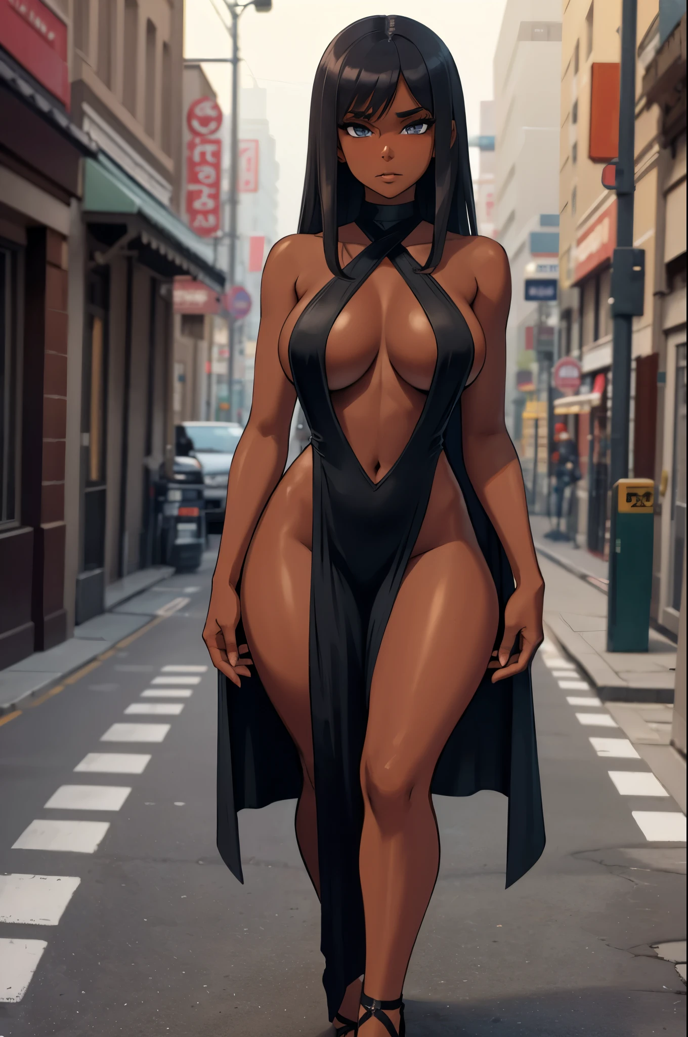 1 hot girl, dark skin, high-slit dress, low-cut cleavage, halter, thigh cleavage, street sidewalk, fog, night city