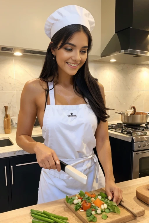 a woman in a chef&#39;s hat is cutting vegetables on a table, cocinaring, cocinaring show, cocinar, Estilista de alimentos, gourmet cocinaring, usando un delantal, 3389861569, mejor chef, 2806927615, Cortar una ensalada, 32745695, en una cocina