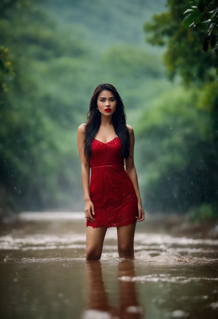 nice looking thai girl with blue crystal eyes, tight red short shredded dress, epic landscape in background, red lips, looking sexy and hot, lots of rain drops around,