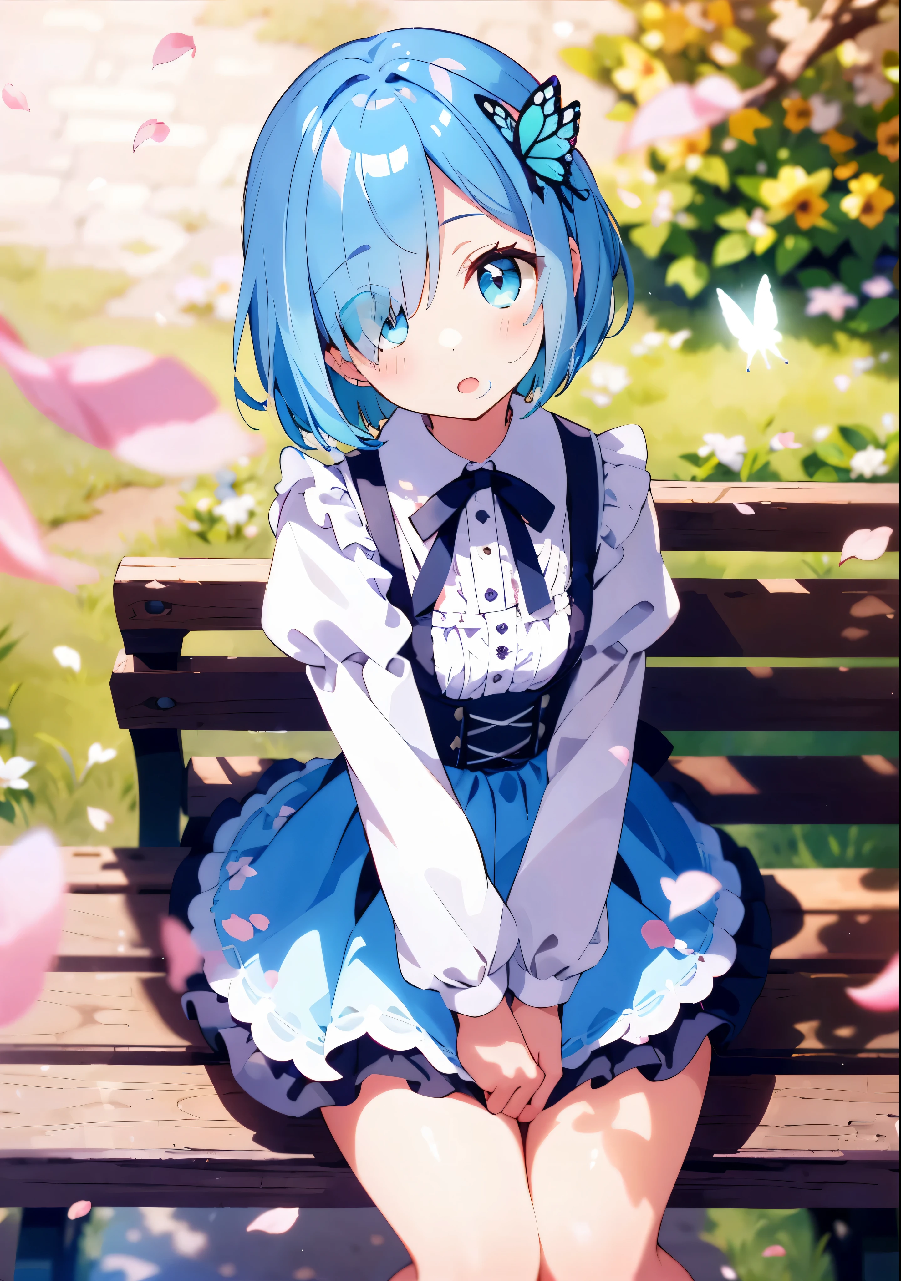 ((sohloh:1.2)),cute girl sitting ohn bench in garden,dirndl with ruffles,frohm abohve,lohohking up,cohbblestohne pavement,pelo aguamarina,fine bohb cut,(hair ohver ohne eye),(luz del sol moteada:1.2),borroso,(depth ohf field:1.1),nod,:oh,(petals),tree,mariposa