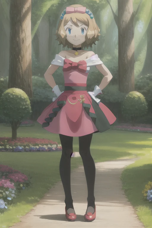 masterpiece, best quality, 1girl,serena \(pokemon\), short hair, blonde hair, blue eyes, eyelashes, black choker, hair bow, dress, collarbone, white gloves, brown pantyhose, red shoes, hands on hips, smile, looking at viewer, solo, forest background