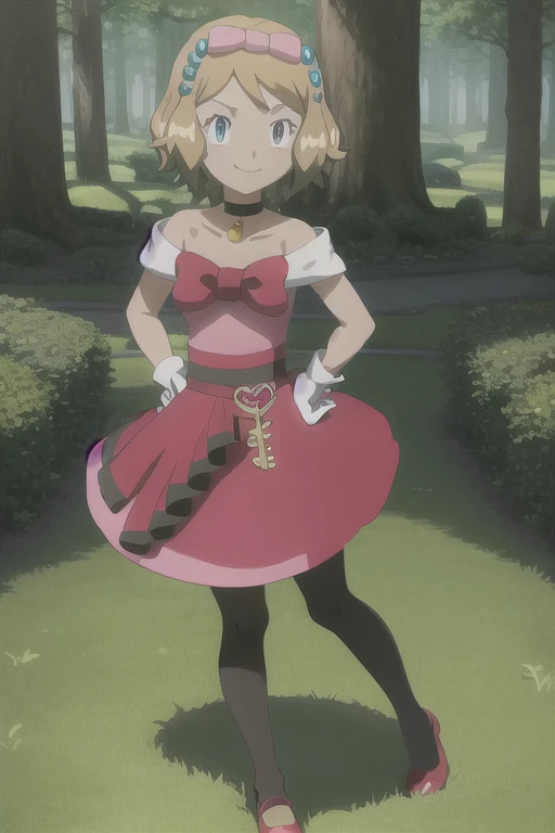 masterpiece, best quality, 1girl,serena \(pokemon\), short hair, blonde hair, blue eyes, eyelashes, black choker, hair bow, dress, collarbone, white gloves, brown pantyhose, red shoes, hands on hips, smile, looking at viewer, solo, forest background