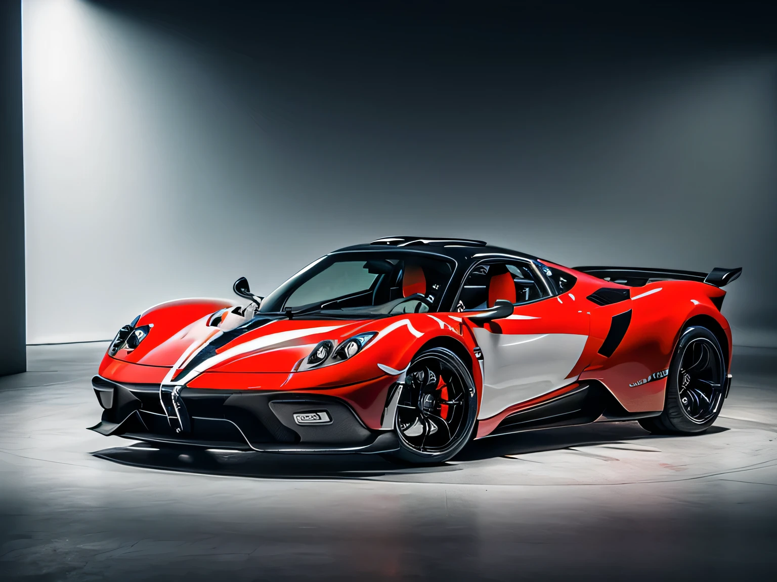 ((pagani huayras1.1)), ((red car body:1.1)), ((black tires:1.0)), ((silver wheels:1.0)), ((full shot:1.0)), ((right front side view)), ((morning)), (road),