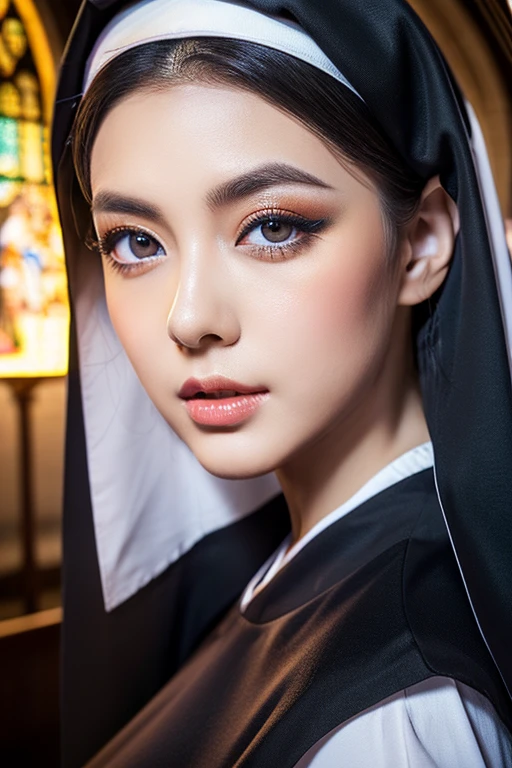sexy nun,busty,beautiful detailed eyes,beautiful detailed lips,extremely detailed eyes and face,longeyelashes,nunnery,church,portraits,photorealistic,vivid colors,soft lighting