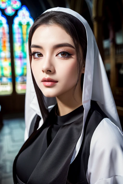 sexy nun,busty,beautiful detailed eyes,beautiful detailed lips,extremely detailed eyes and face,longeyelashes,nunnery,church,portraits,photorealistic,vivid colors,soft lighting