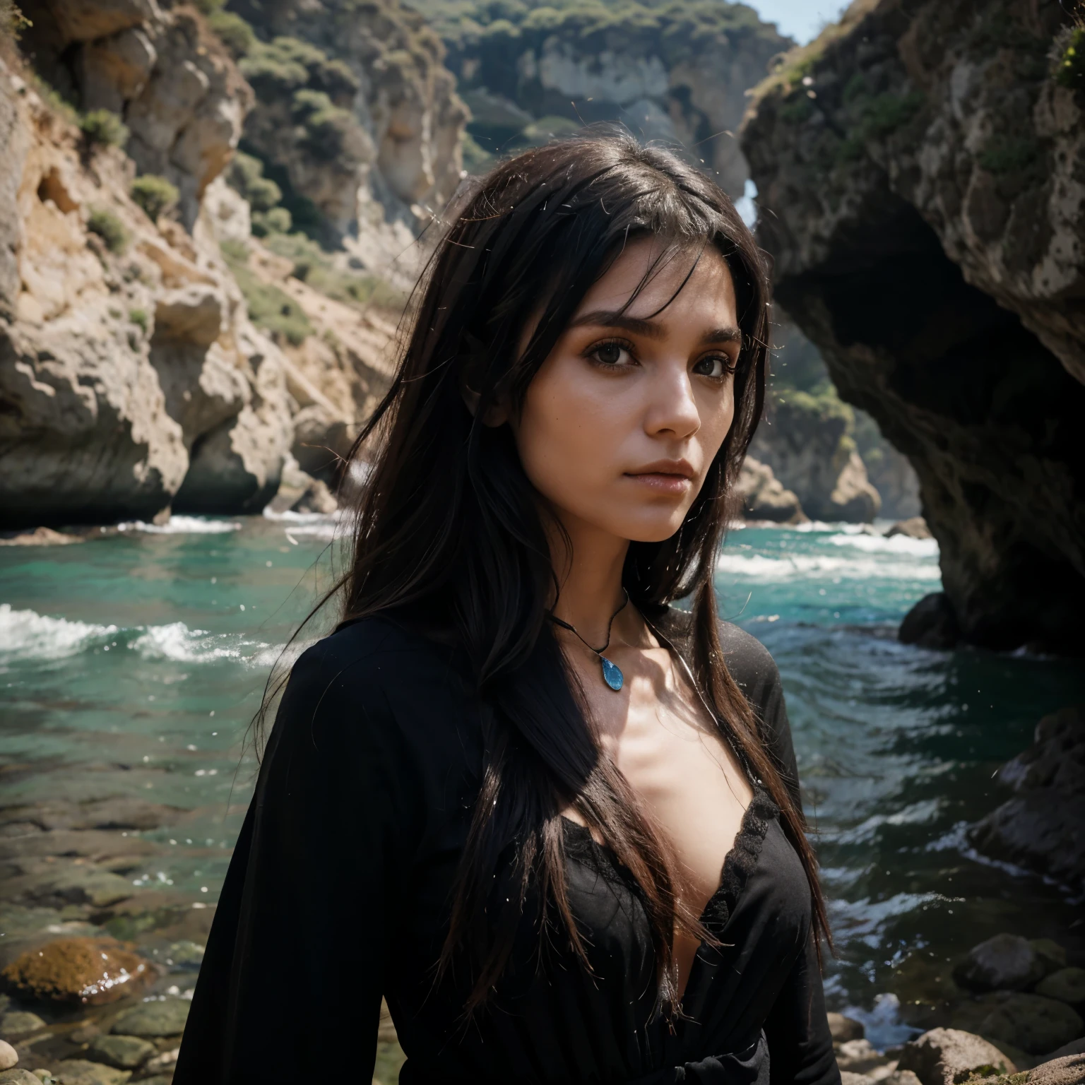 bruxa meio-elfo, cabelos e olhos roxos, vestido longo preto com capuz, um colar com pedra ametista e uma meia lua na testa