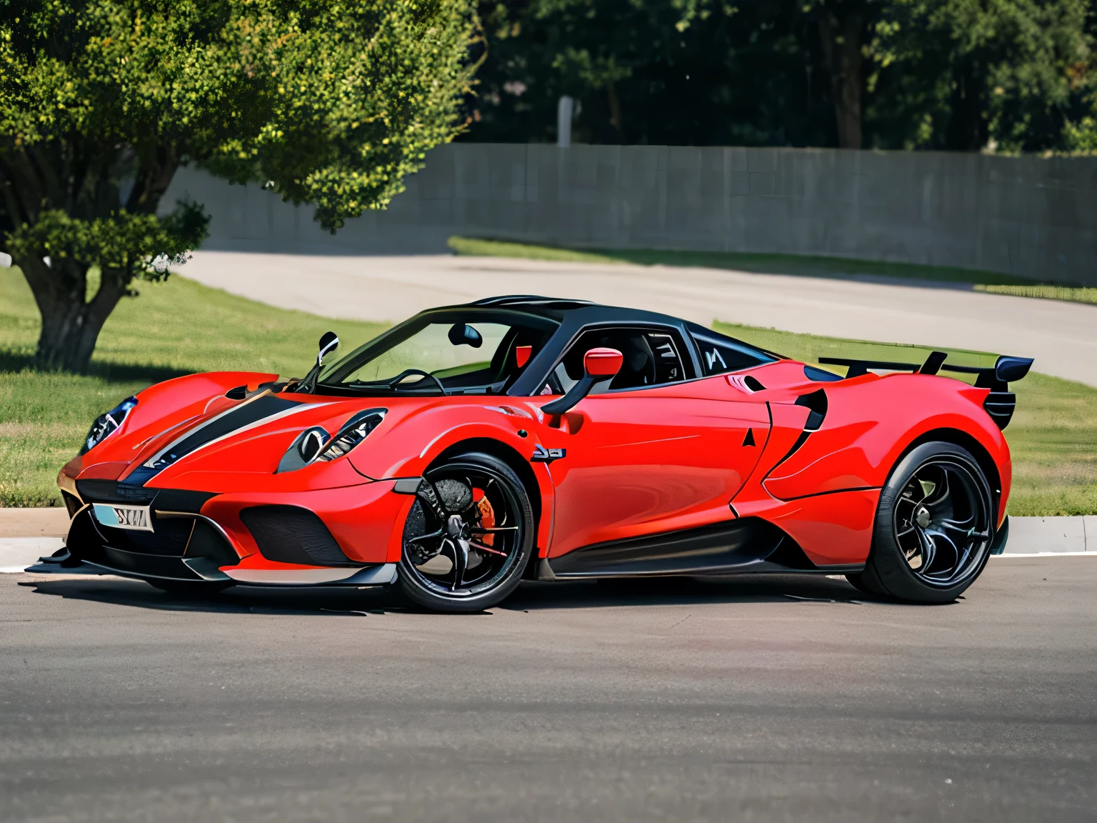 ((pagani huayras1.1)), ((red car body:1.1)), ((black tires:1.0)), ((silver wheels:1.0)), ((full shot:1.0)), ((right front side view)), ((morning)), (road),