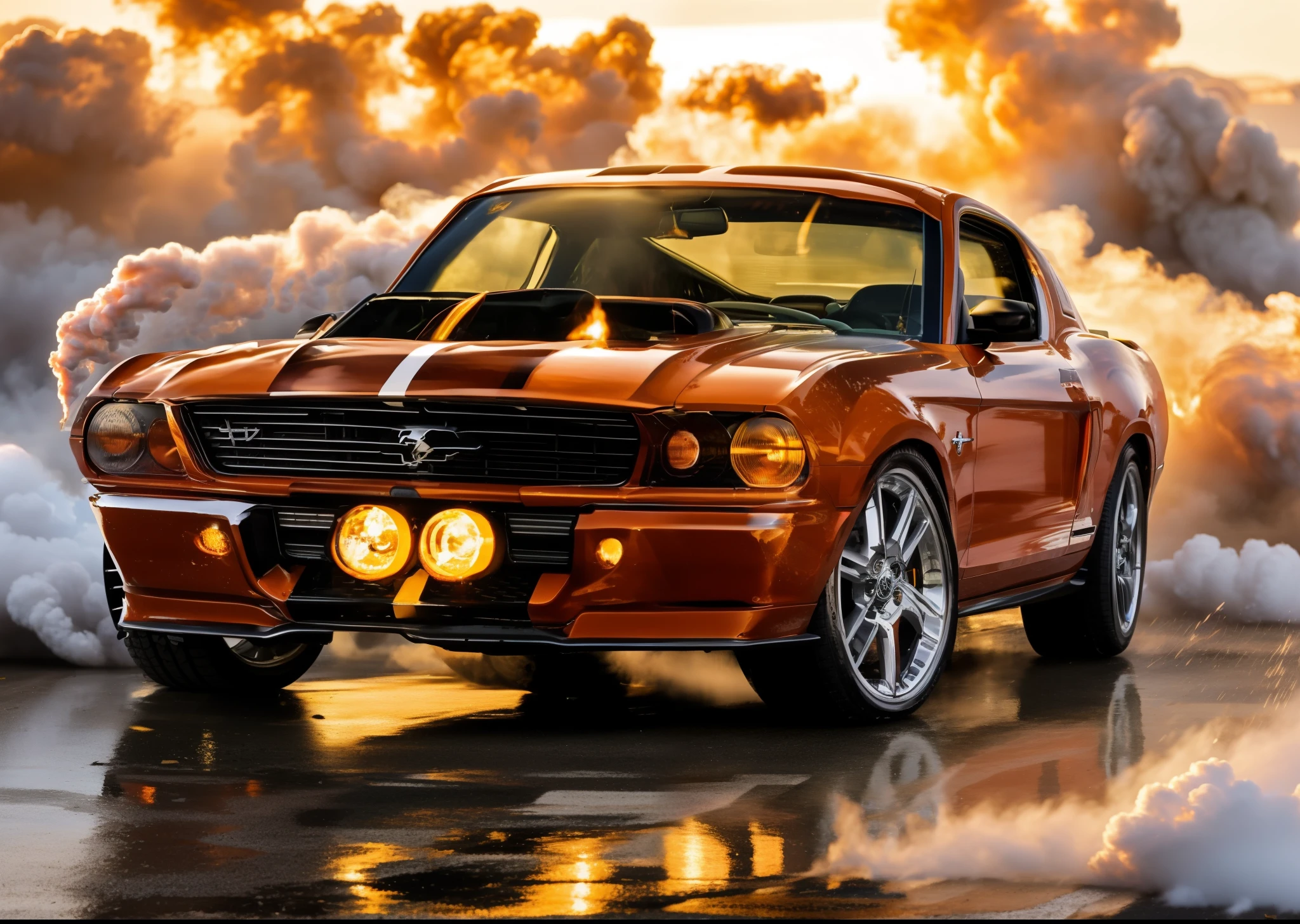 A classic Ford Mustang GT, in deep carrot orange, burns rubber on an open highway, leaving behind a plume of white smoke as it drifts, capturing the power and legacy of American muscle