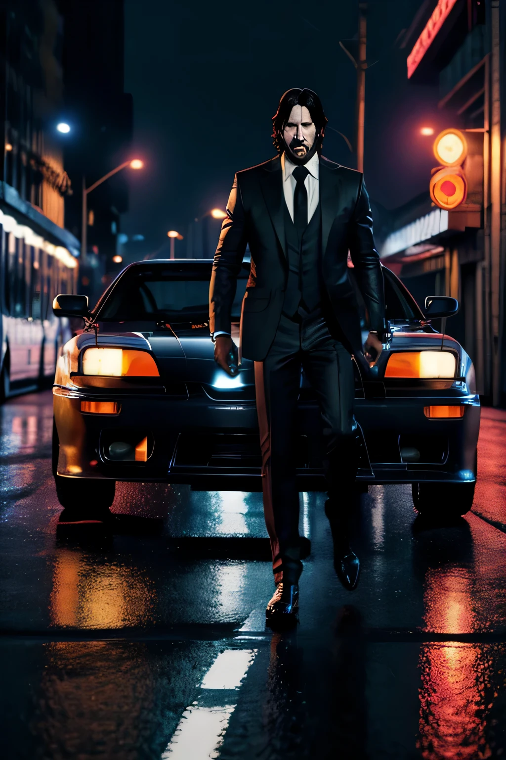 John Wick , Keanu Reeves , Nissan Silvia s15 spec R , conduciendo por la ciudad, lluvia, noche helada 