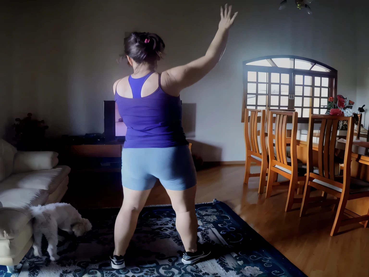 there is a woman standing in a living room with a dog, cottagecore!! fitness body, centered full body rear-shot, with arms up, workout, working out, lunging at camera :4, medium shot taken from behind, long shot from back, arms extended, dancing in the background, dynamic moving pose, centered full-body shot, t pose