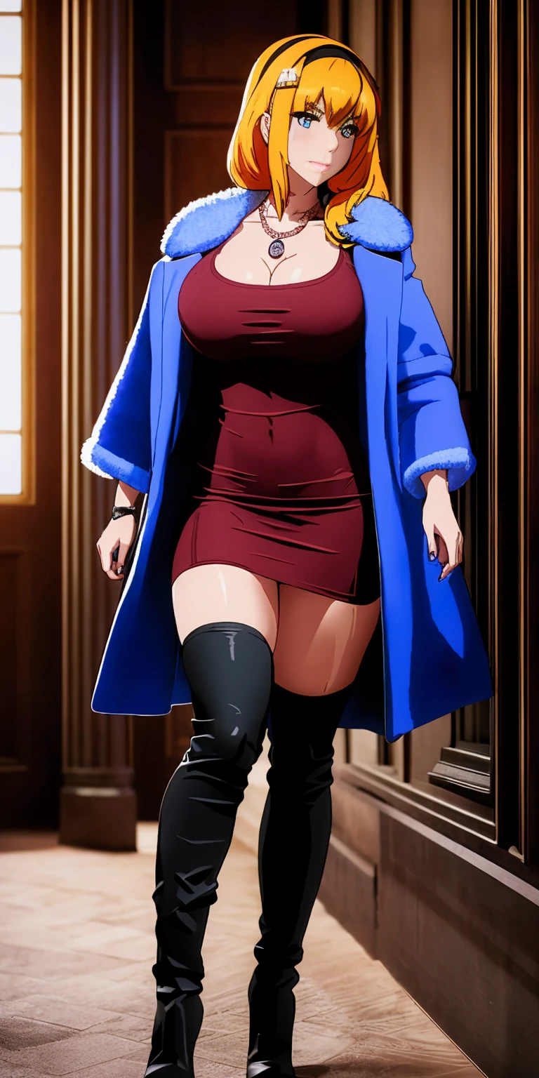 (Masterpiece, best quality), (highres, ultra-detailed), (perfect anatomy), outdoors, 1girl, solo, dress, sela, large breasts, tan, necklace, white sleeves, thighhighs, muscular, thighs, full body, priestess, church, religous, pants, coat, pullover, boots, body suit, bigdress, big robe,black body suit, HIGH BOOTS, feet together, toe to head
