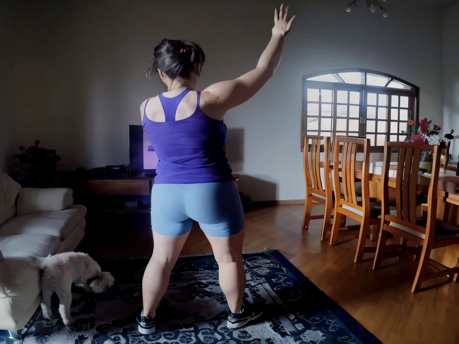 there is a woman standing in a living room with a dog, cottagecore!! fitness body, centered full body rear-shot, with arms up, workout, working out, lunging at camera :4, medium shot taken , long shot from back, arms extended, dancing in the background, dynamic moving pose, centered full-body shot, t pose