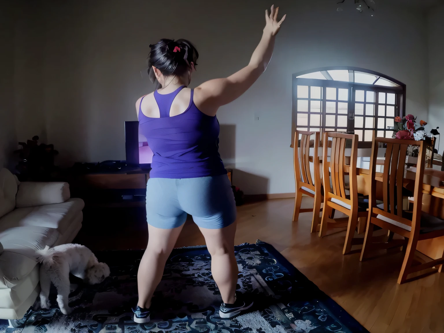 there is a woman standing in a living room with a dog, cottagecore!! fitness body, centered full body rear-shot, with arms up, workout, working out, lunging at camera :4, medium shot taken from behind, long shot from back, arms extended, dancing in the background, dynamic moving pose, centered full-body shot, t pose