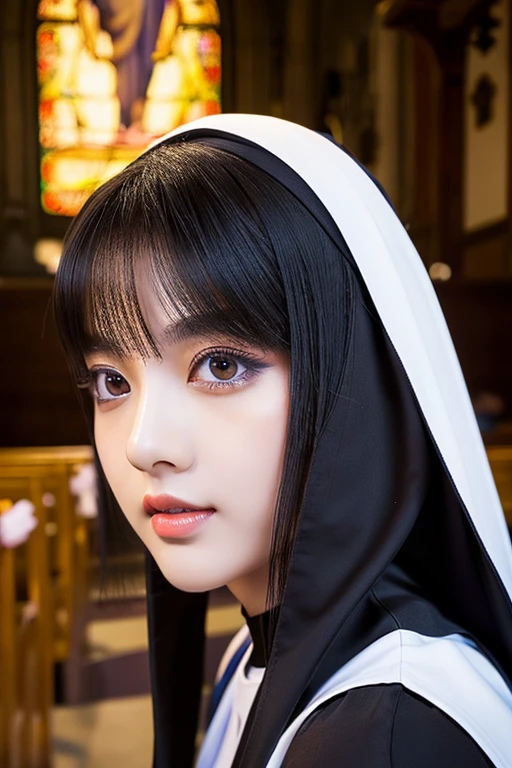 sexy nun,busty,beautiful detailed eyes,beautiful detailed lips,extremely detailed eyes and face,longeyelashes,nunnery,church,portraits,photorealistic,vivid colors,soft lighting