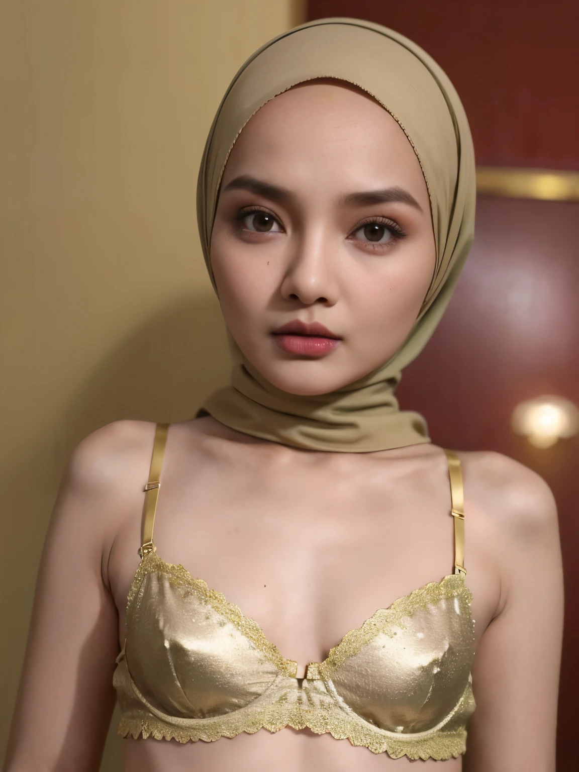 Very Thin body (Wearing Bra Lingerie), (((HIJAB MALAY GIRL))), masutepiece, High quality, UHD 32K, Realistic face, Realistic skin feeling , A Malay Lady, 8 , , Very cute and baby-like face, (((FLAT CHEST))), (MATRIX WORLD), ((look In front  at the camera and SADNESS)), ((())), (((CUTE GIRL))), ((BROWN LIPS)), ((BROWN)), (undress). WEAR BRA LINGERIE, gold, green, red, lace