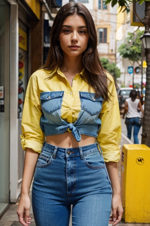 Mulher jeans azul camisa amarela