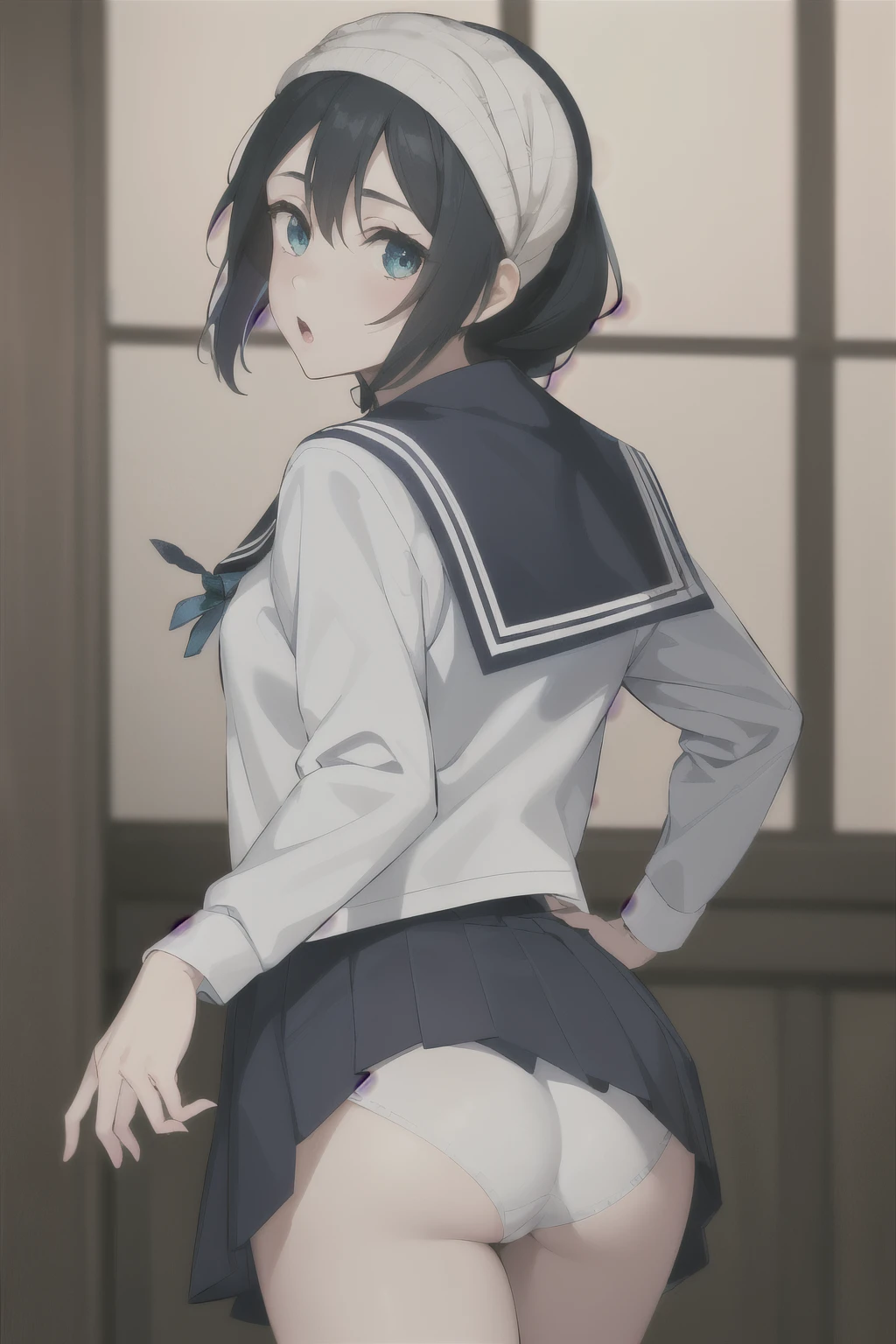 1girl, AmanaiRiko, solo, school_uniform, sailor_collar, serafuku, letterboxed, braid, blue_sailor_collar, looking_at_viewer, long_hair, open_mouth, parted_lips, bangs, :o, shirt, Taisho era, rear view, shows ass, butt