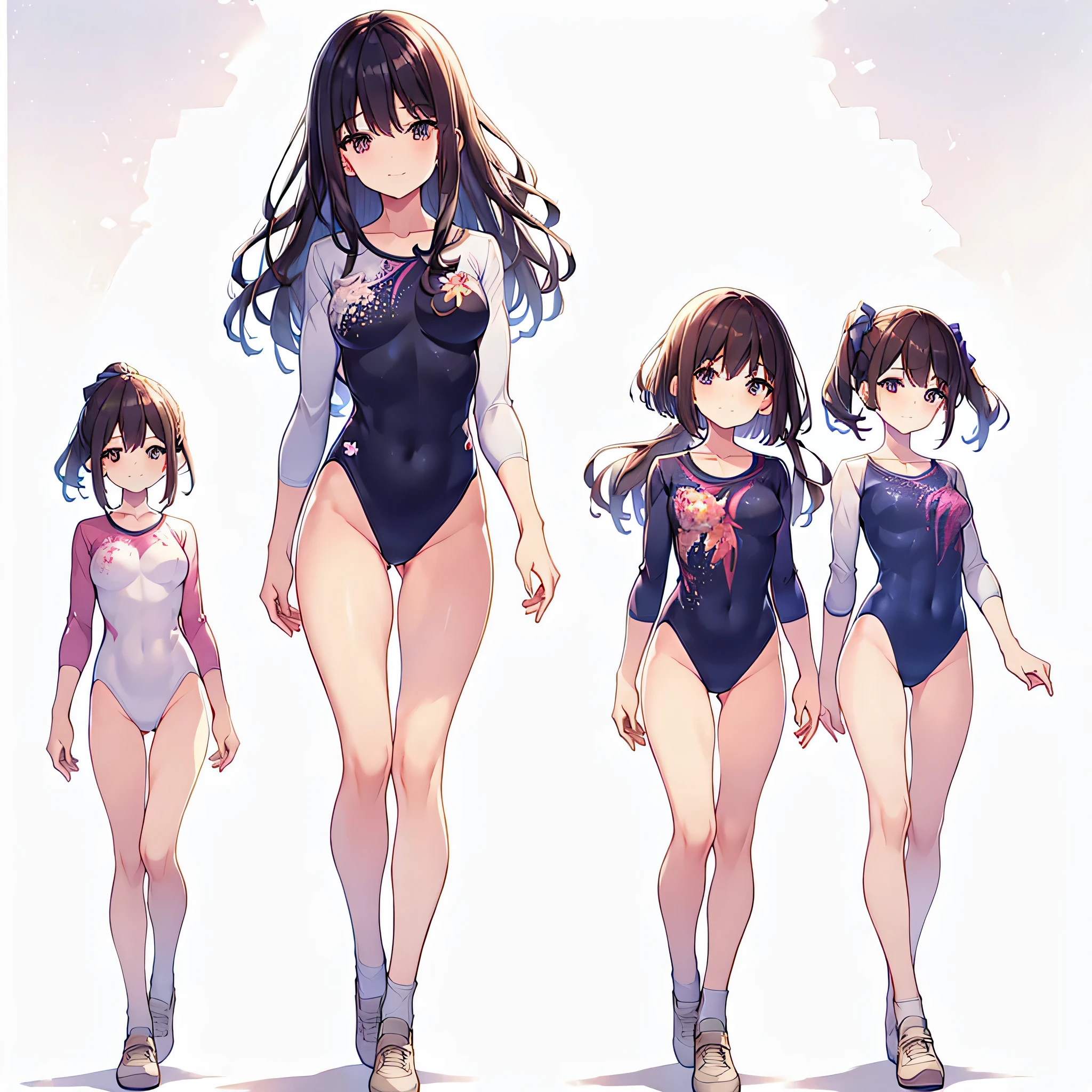 ((full body)),(masterpiece, best quality), (2 girls1.5) ,((Contrapposto:1.5)), looking at viewer, walking,((v_arms:1.2)), (wearing gymnastics_longsleeves_leotard_outfit leotard:1.3),(pink leotard) ,(floral print leotard:1.3),{{wearing gym suit:1.3 }}, BREAK masterpiece black hair, ((long hair:1.2)), ((parted bangs:1.3)), black eyes, good hand, ((small breasts)), (over 20 years old, under 25 years old:1.2), , spotlight, happy, smile, BREAK white background
